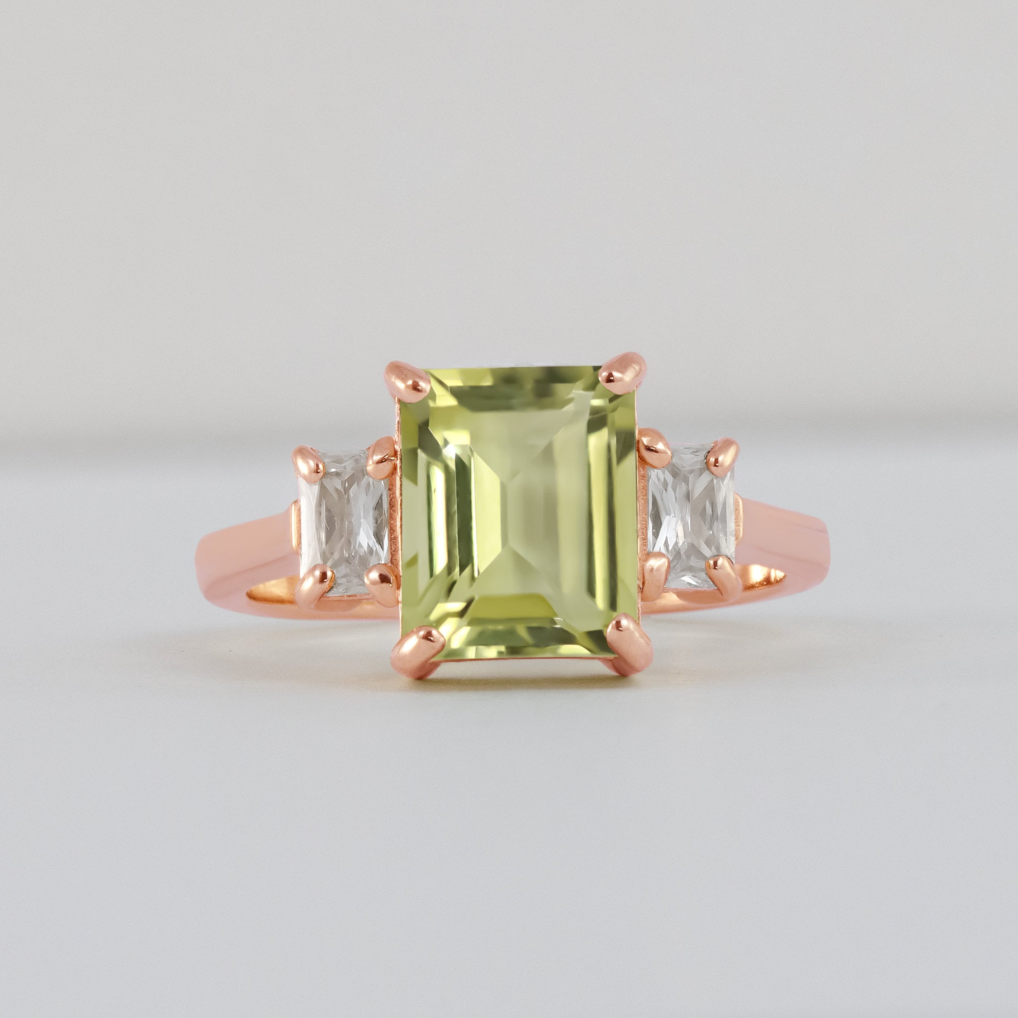 Lemon Quartz Ring - Statement Engagement Ring with Octagon Lemon Quartz Gemstone and Clear Quartz Accents - H.L.Jewelry