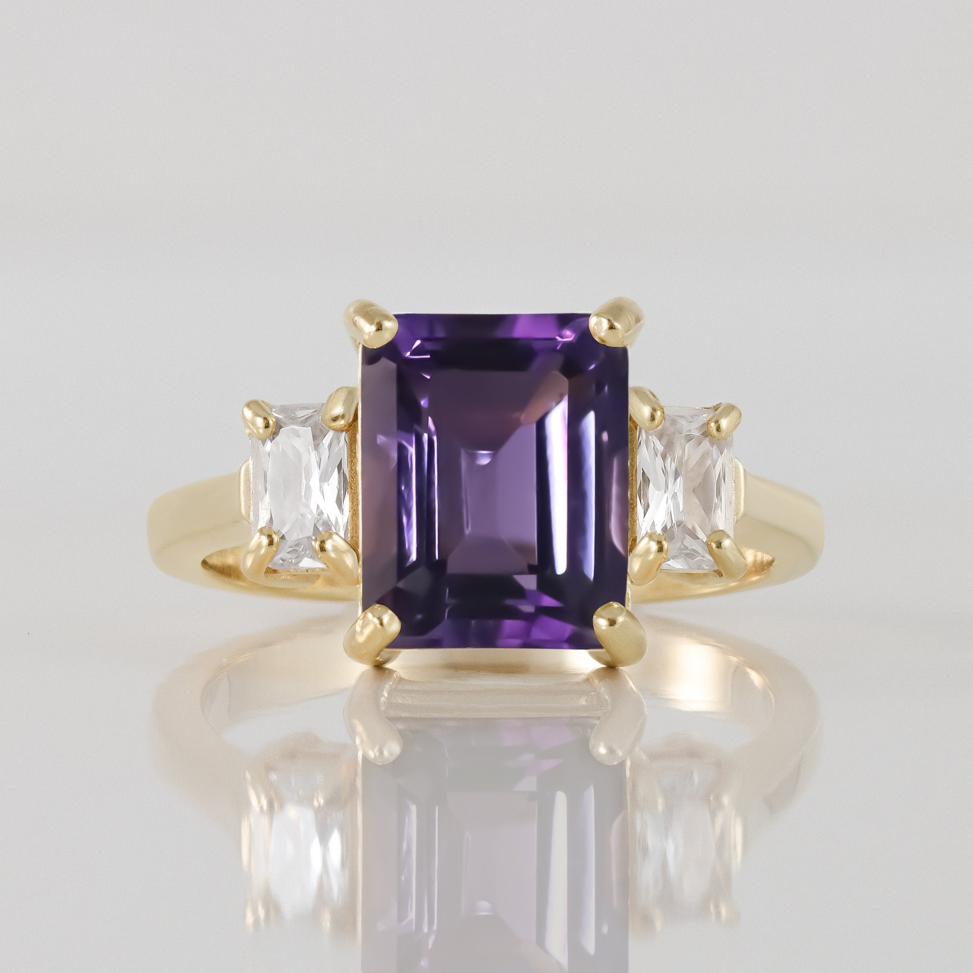 Purple Amethyst Ring - February Birthstone - Statement Engagement Ring with Emerald-Cut Purple Amethyst Gemstone and Clear Quartz Accents - H.L.Jewelry