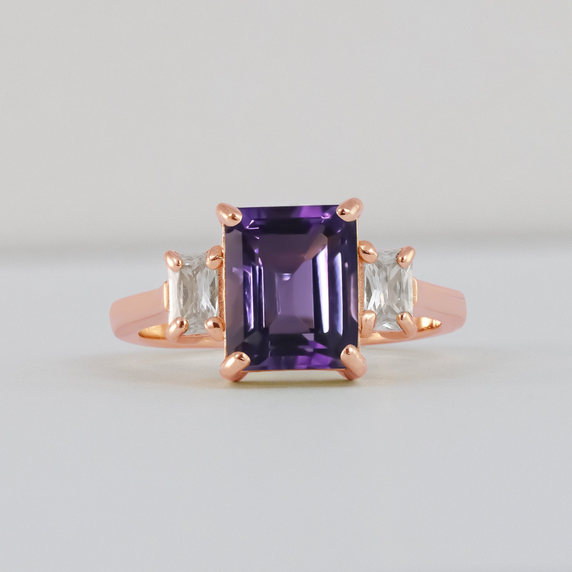 Purple Amethyst Ring - February Birthstone - Statement Engagement Ring with Emerald-Cut Purple Amethyst Gemstone and Clear Quartz Accents - H.L.Jewelry