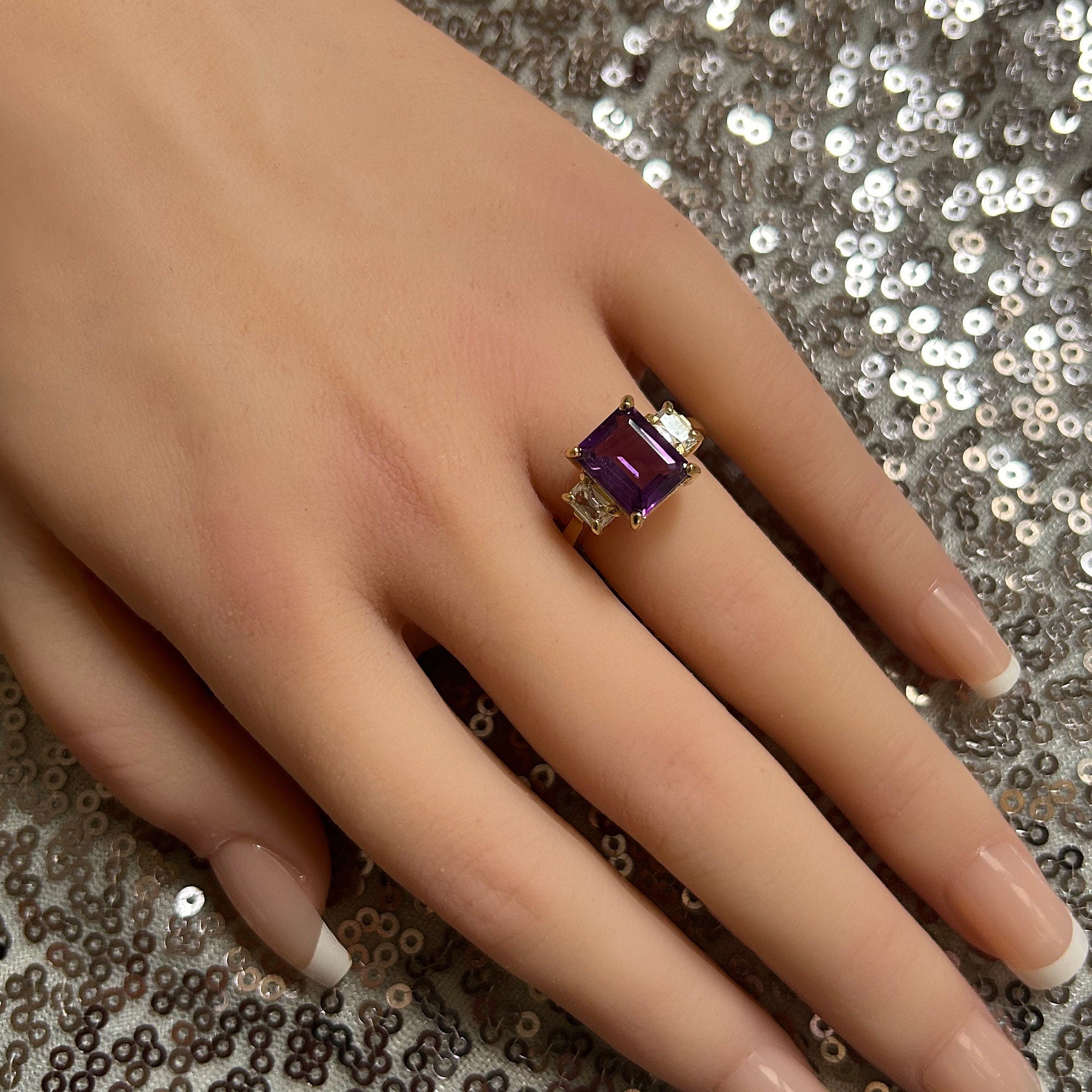 Purple Amethyst Ring - February Birthstone - Statement Engagement Ring with Emerald-Cut Purple Amethyst Gemstone and Clear Quartz Accents - H.L.Jewelry