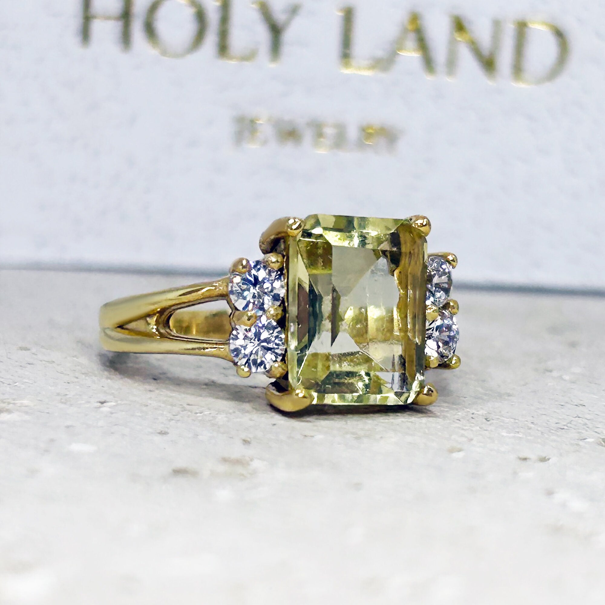 Lemon Quartz Ring - Statement Engagement Ring with Octagon Lemon Quartz Gemstone and Clear Quartz Accents - H.L.Jewelry