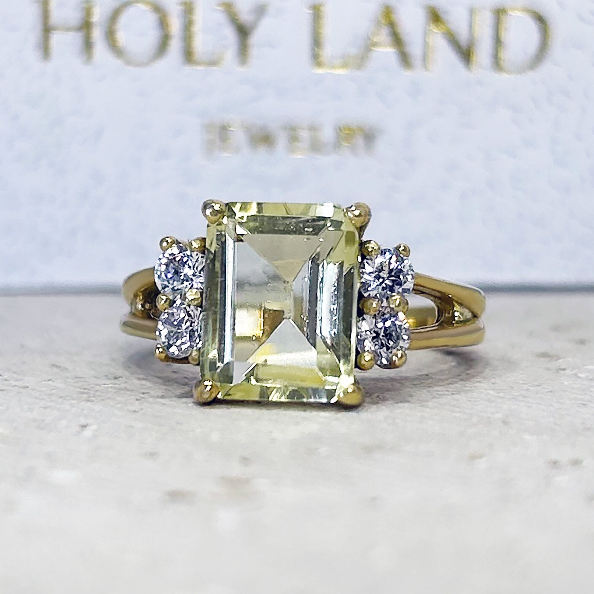 Lemon Quartz Ring - Statement Engagement Ring with Octagon Lemon Quartz Gemstone and Clear Quartz Accents - H.L.Jewelry