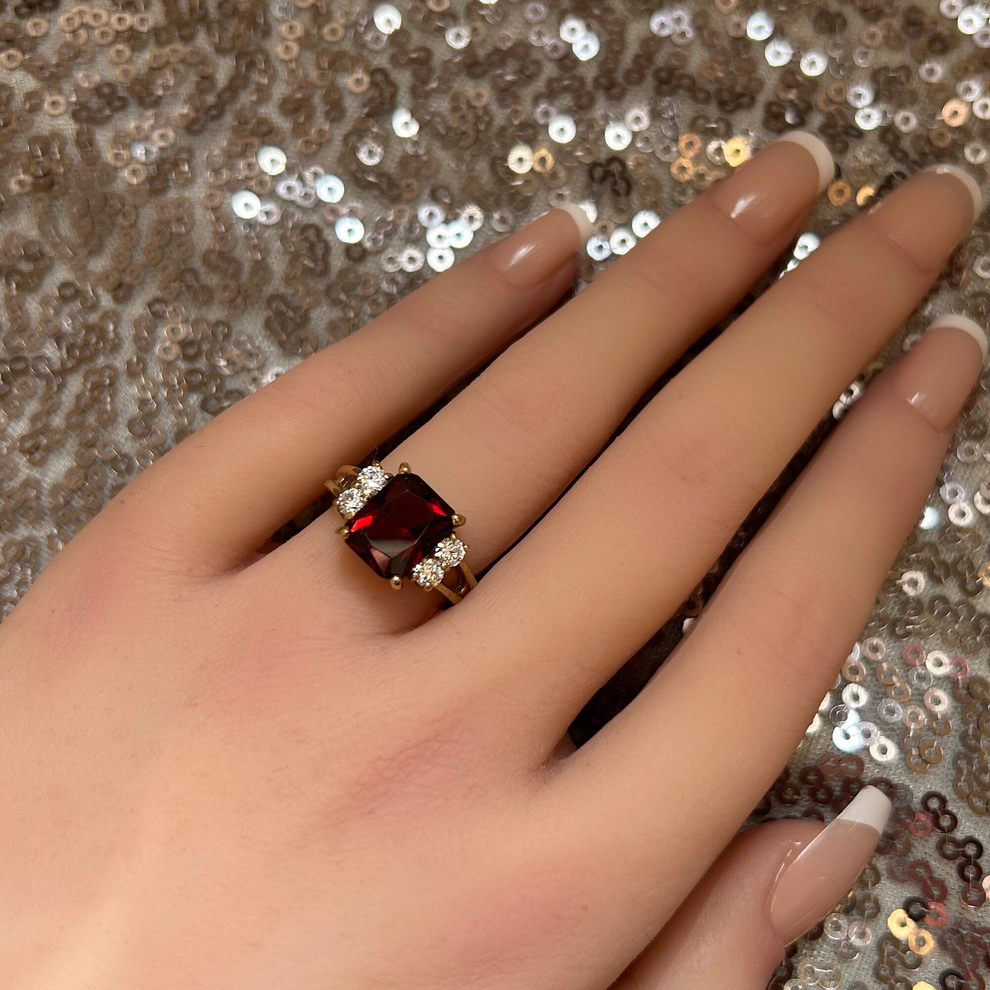 Red Garnet Ring - January Birthstone - Octagon Red Garnet Gemstone Statement Engagement Ring with Clear Quartz Accents - H.L.Jewelry