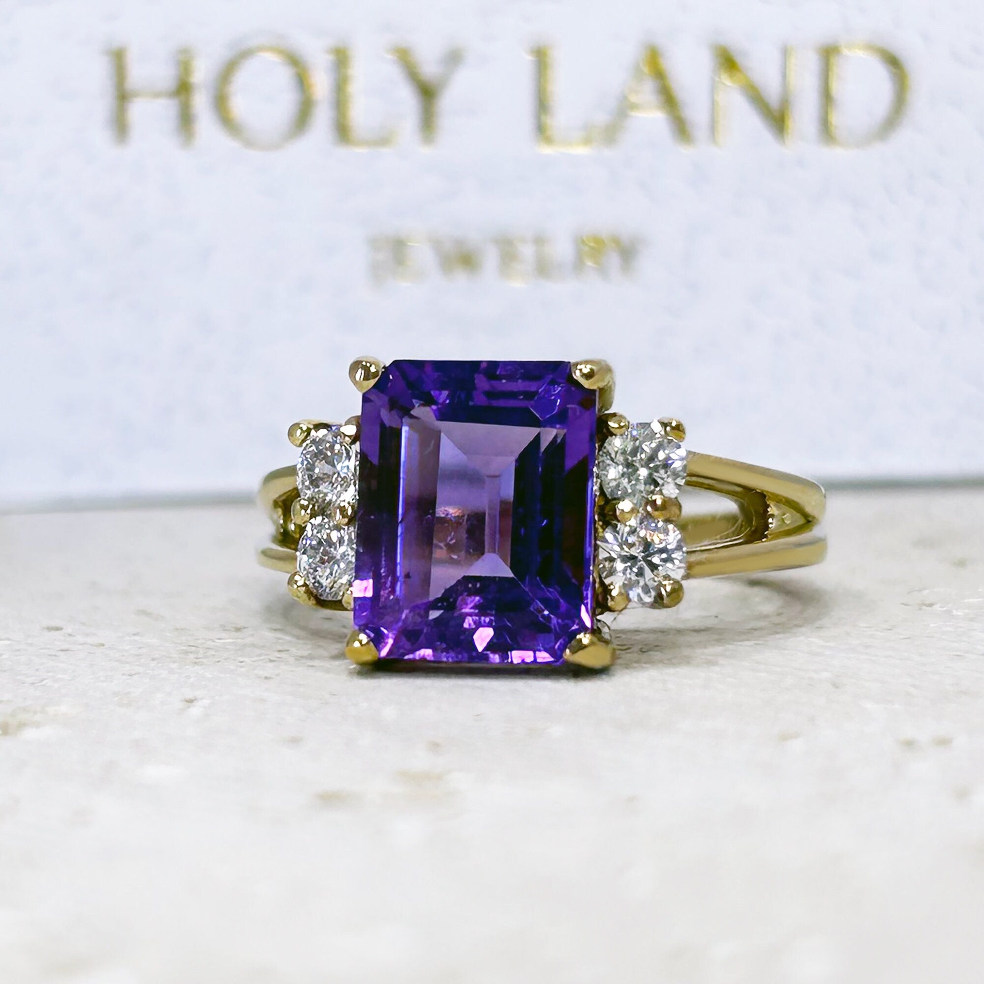 Amethyst Ring - February Birthstone - Engagement Ring with Emerald-Cut Amethyst and Clear Quartz Accents - H.L.Jewelry