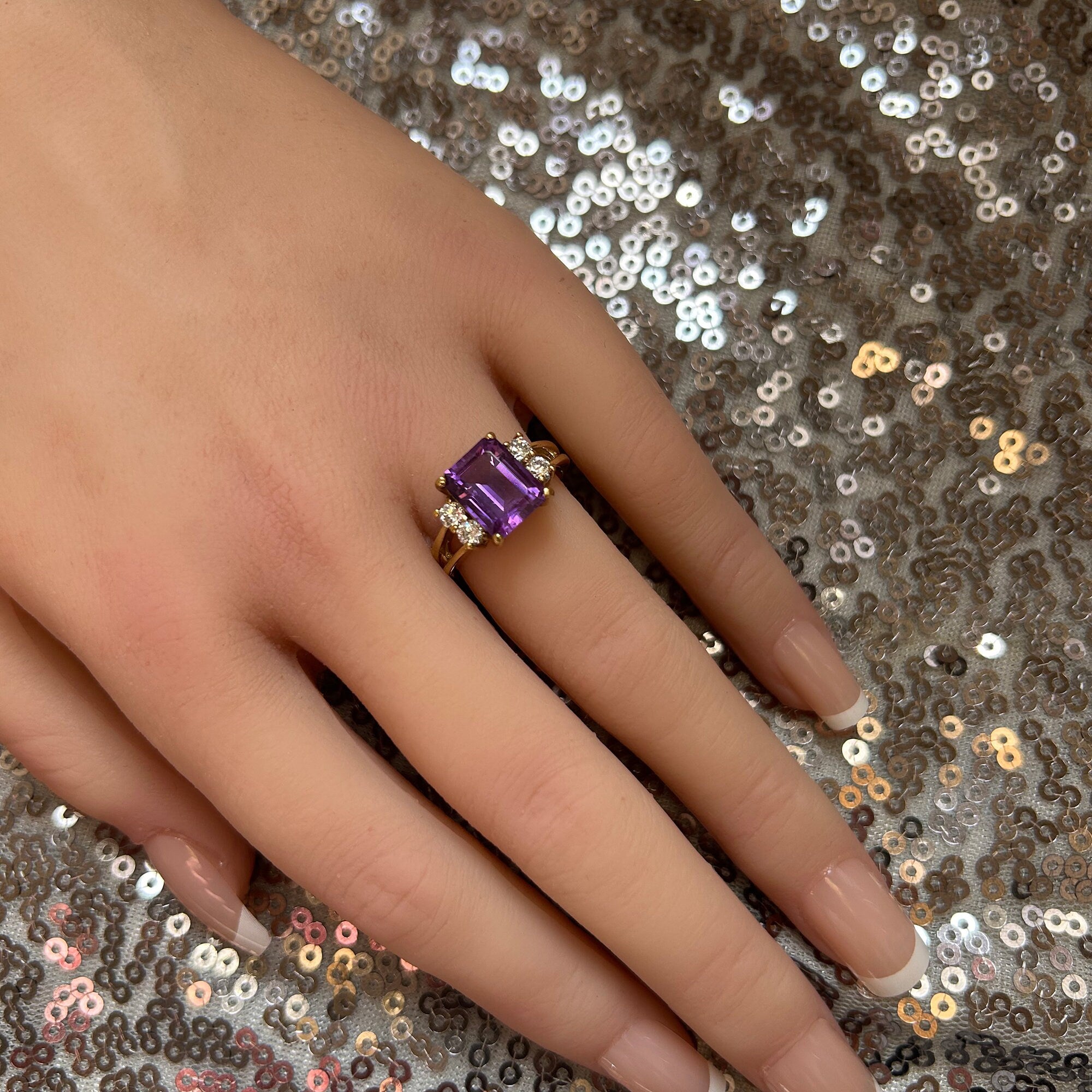 Amethyst Ring - February Birthstone - Engagement Ring with Emerald-Cut Amethyst and Clear Quartz Accents - H.L.Jewelry