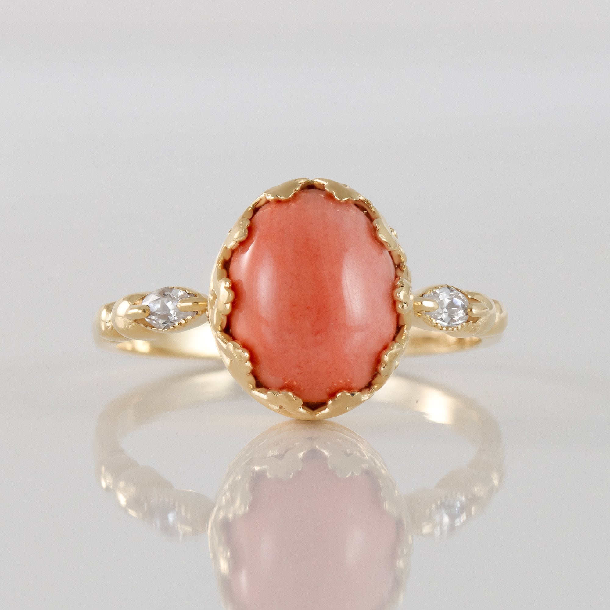 Coral Ring - Oval Peach Coral Gemstone Statement Vintage Crown Ring with Clear Quartz Accents - H.L.Jewelry