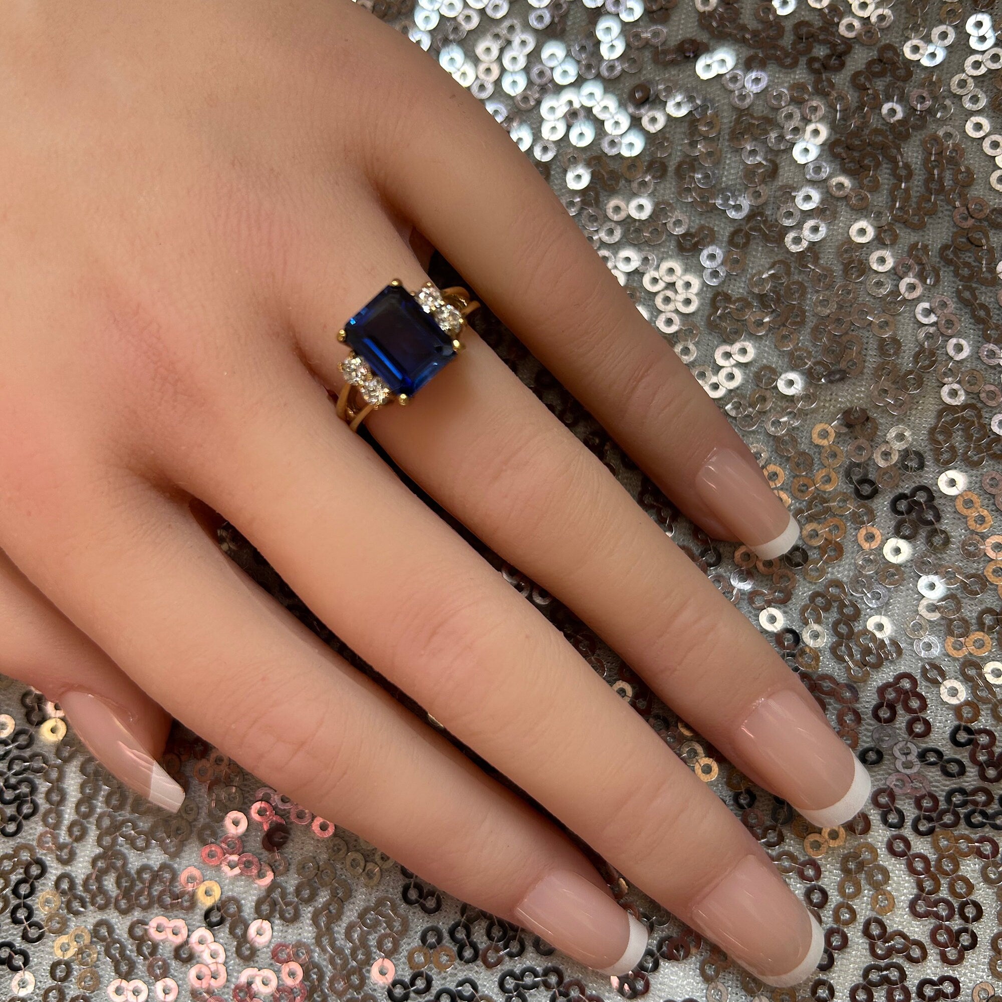 Blue Sapphire Ring - September Birthstone - Statement Engagement Ring with Emerald-Cut Blue Sapphire Gemstone and Clear Quartz Accents - H.L.Jewelry