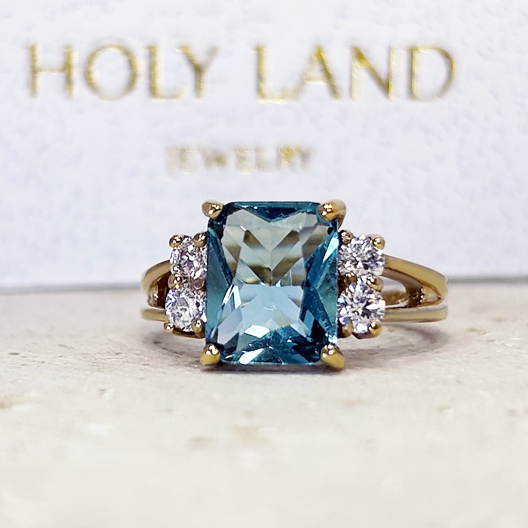 Blue Topaz Ring - December Birthstone - Octagon Blue Topaz Statement Engagement Ring with Clear Quartz Accents - H.L.Jewelry