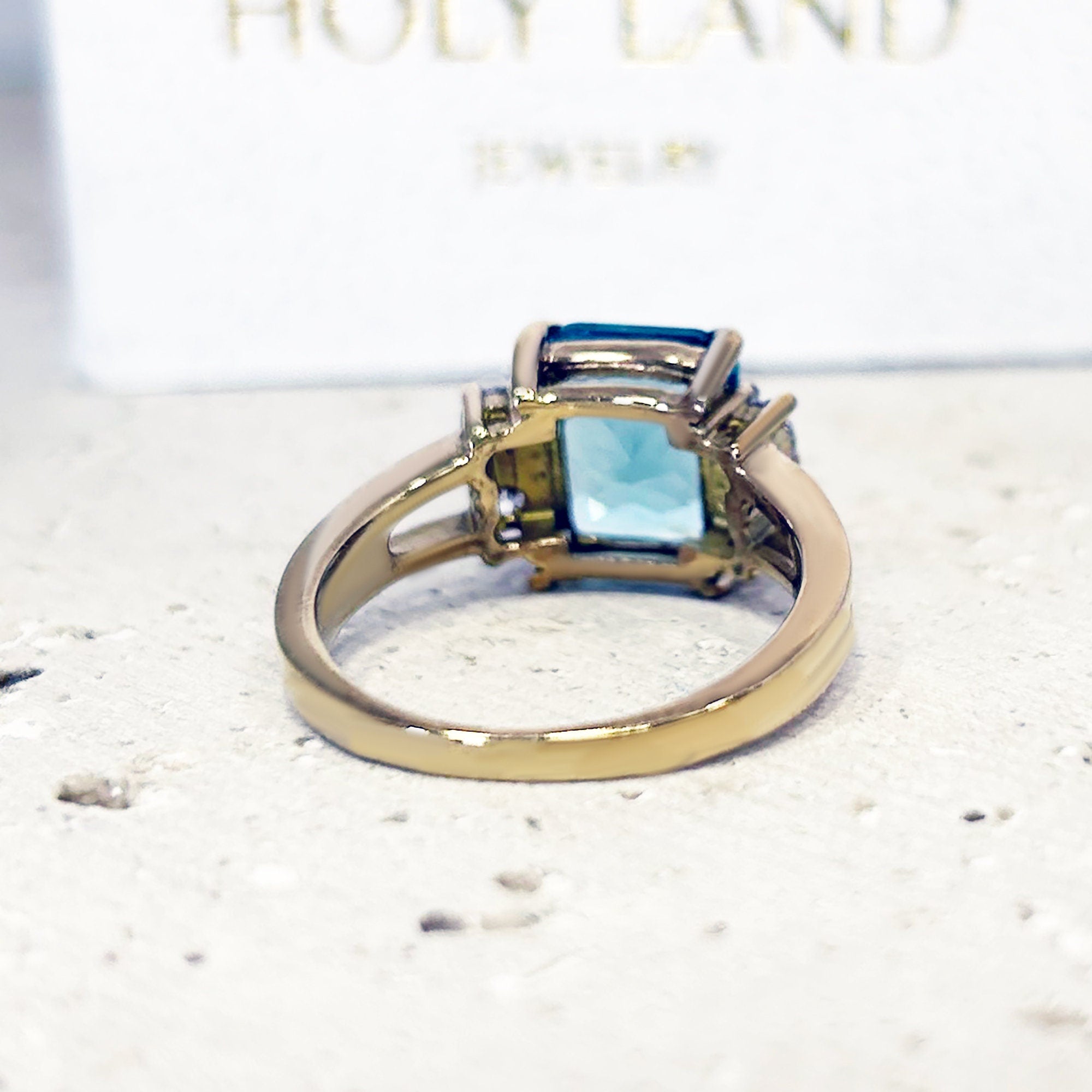 Blue Topaz Ring - December Birthstone - Octagon Blue Topaz Statement Engagement Ring with Clear Quartz Accents - H.L.Jewelry