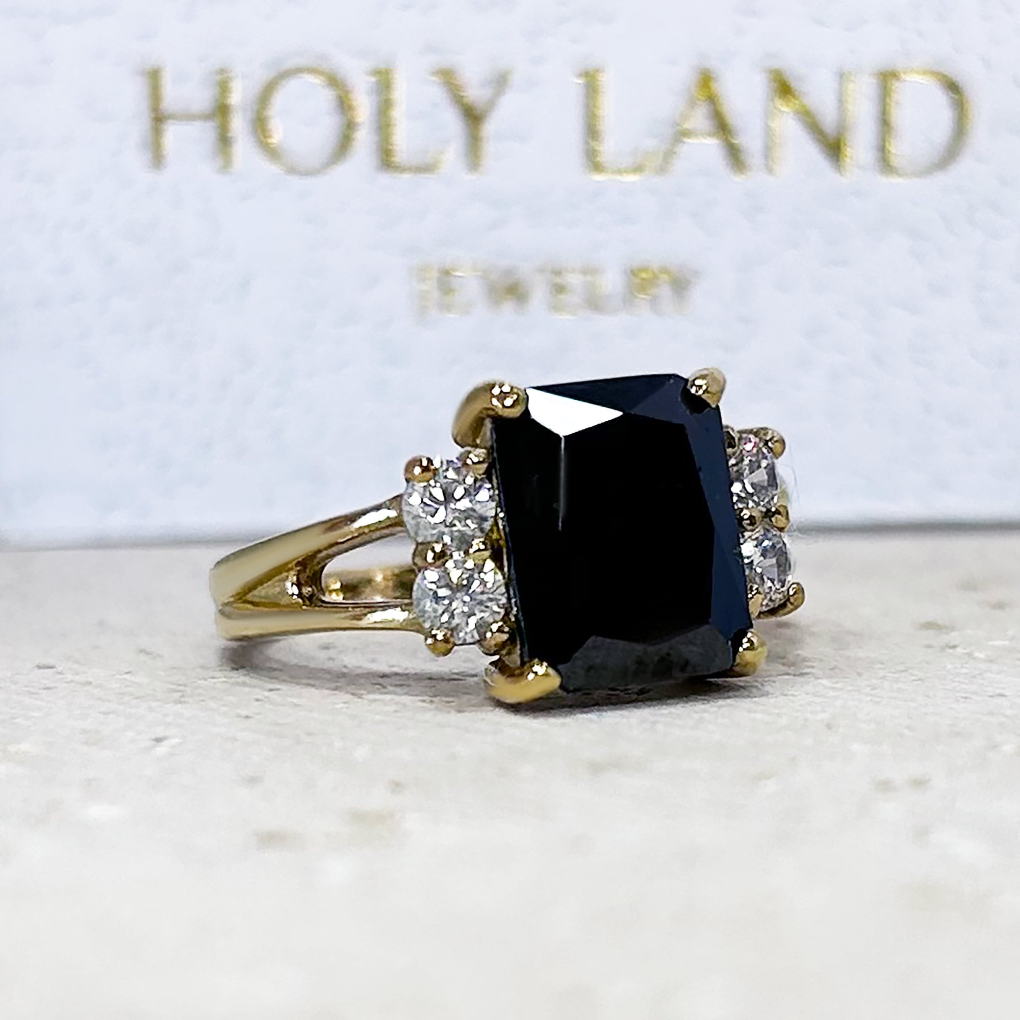 Black Onyx Ring - December Birthstone - Statement Engagement Ring with Octagon Black Onyx and Clear Quartz Accents - H.L.Jewelry