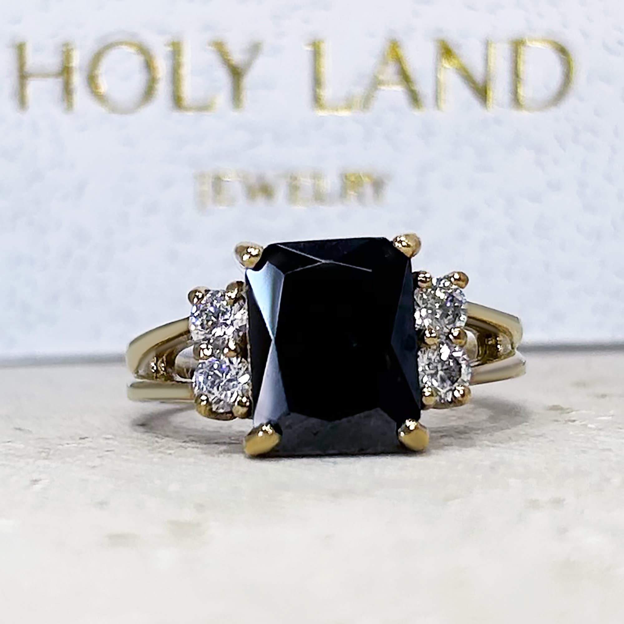 Black Onyx Ring - December Birthstone - Statement Engagement Ring with Octagon Black Onyx and Clear Quartz Accents - H.L.Jewelry