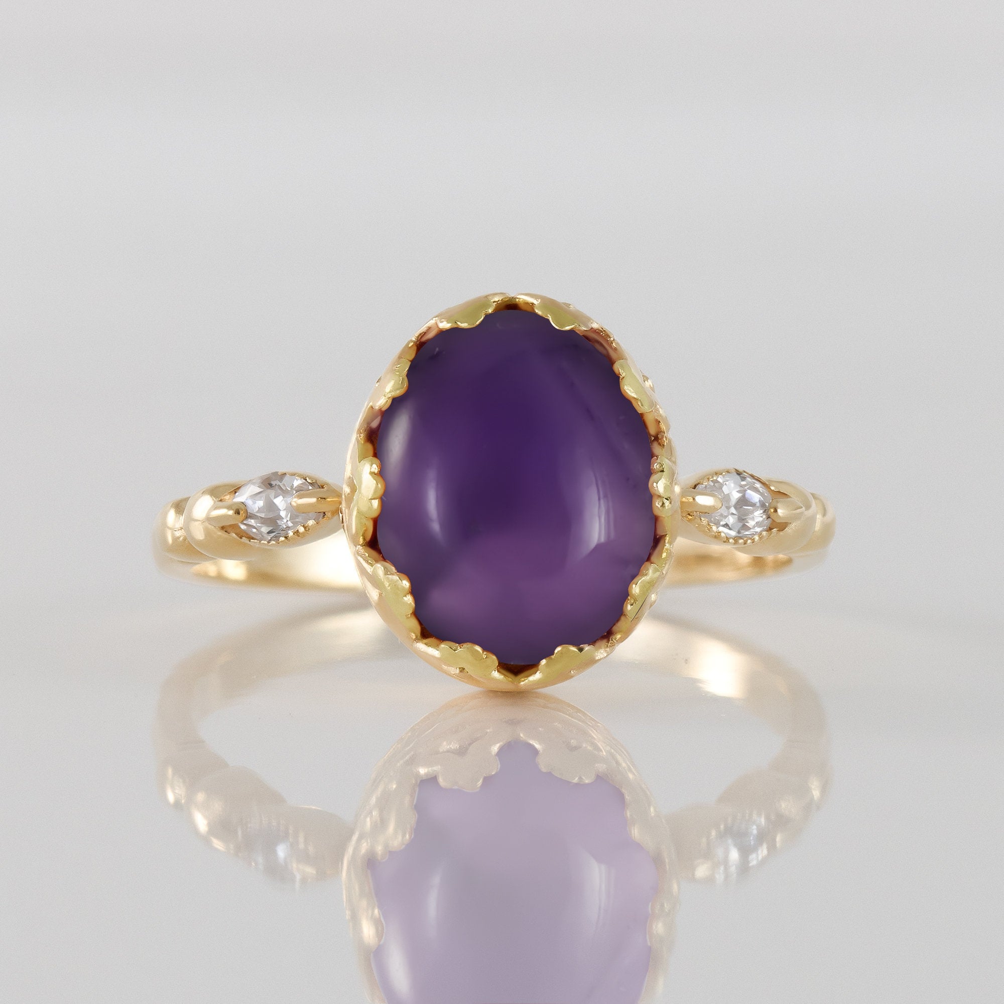 Purple Amethyst Ring - February Birthstone - Oval Purple Amethyst Gemstone Statement Vintage Crown Ring with Clear Quartz Accents - H.L.Jewelry