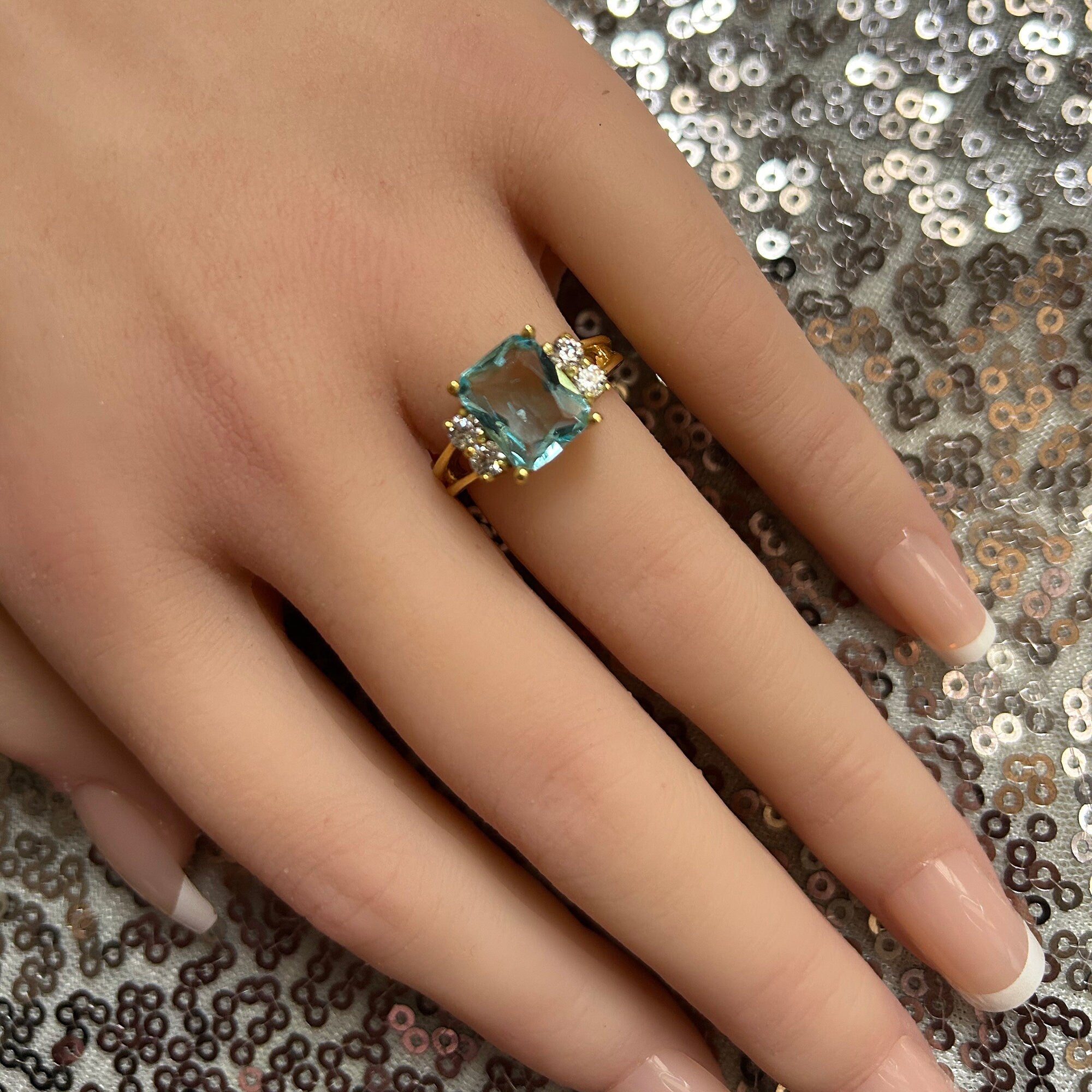 Aquamarine Ring - March Birthstone - Statement Engagement Ring with Octagon Aquamarine Gemstone and Clear Quartz Accents - H.L.Jewelry