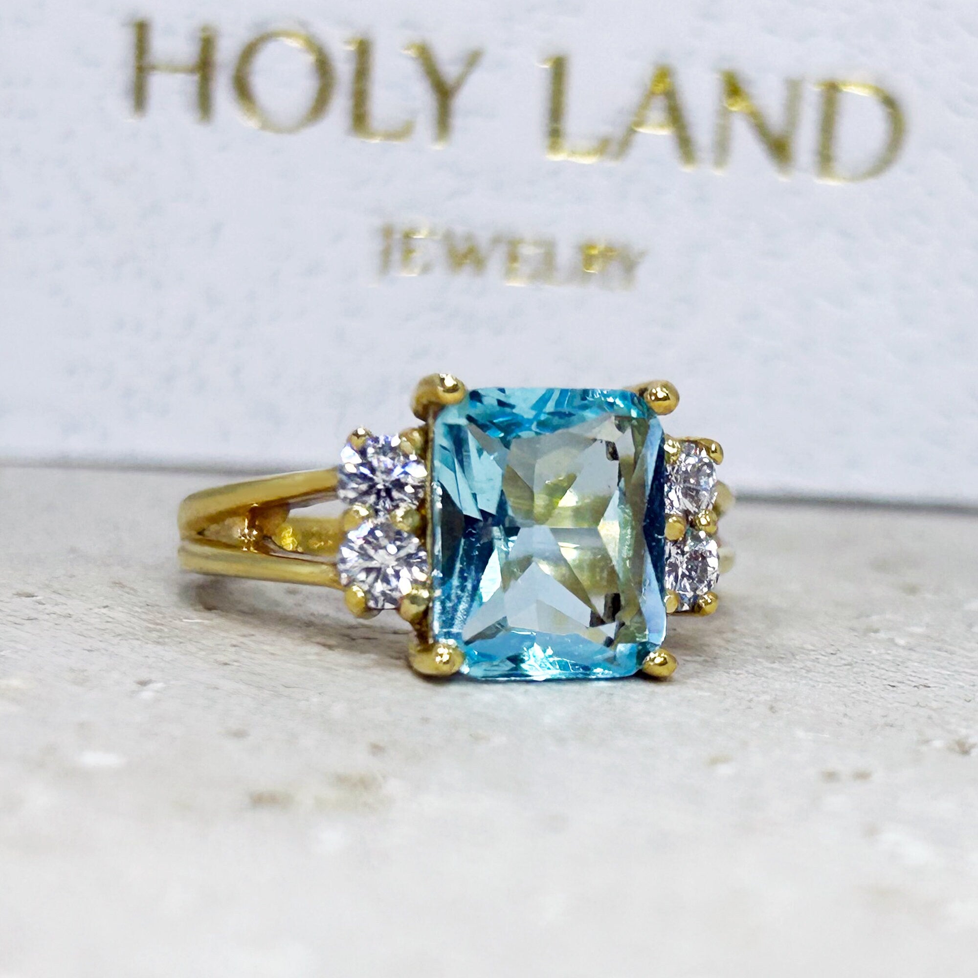 Aquamarine Ring - March Birthstone - Statement Engagement Ring with Octagon Aquamarine Gemstone and Clear Quartz Accents - H.L.Jewelry