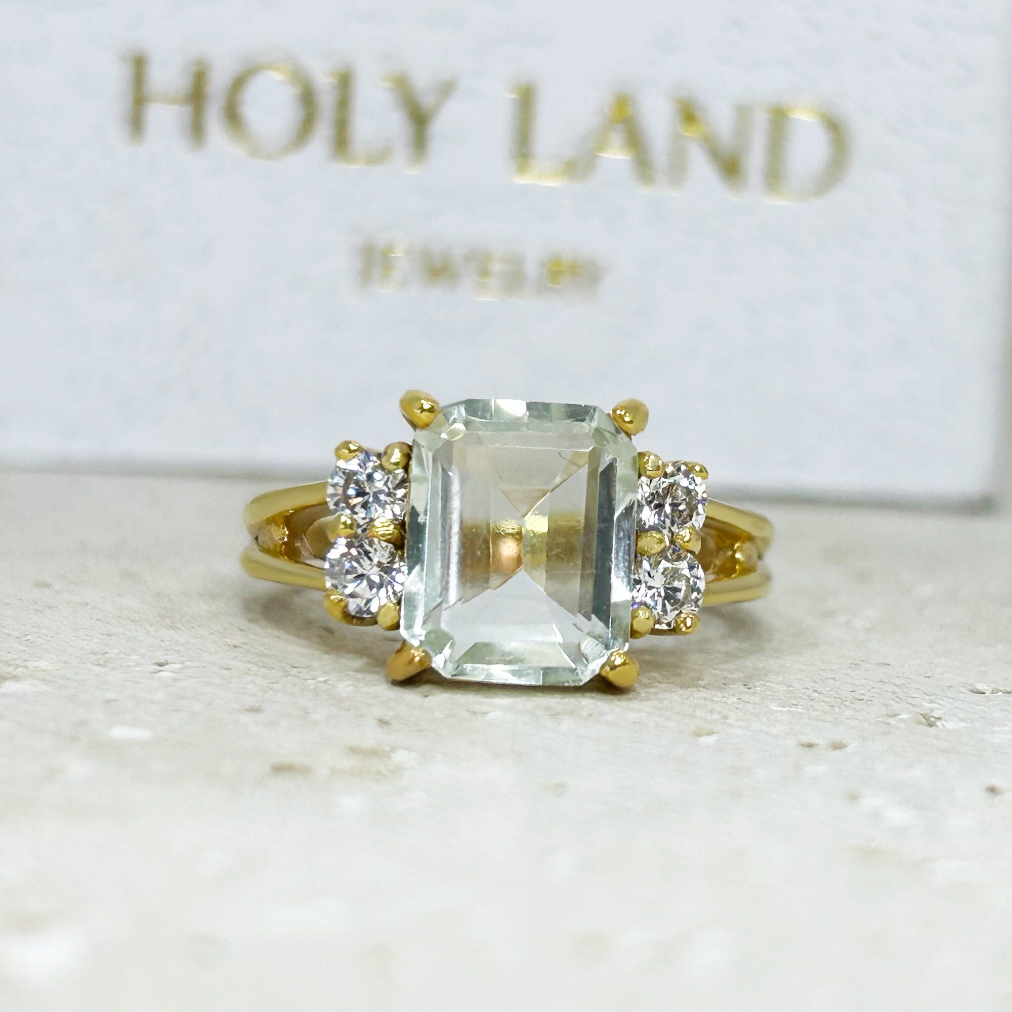 Green Amethyst Ring - Statement Engagement Ring with Octagon Green Amethyst Gemstone and Clear Quartz Accents - H.L.Jewelry