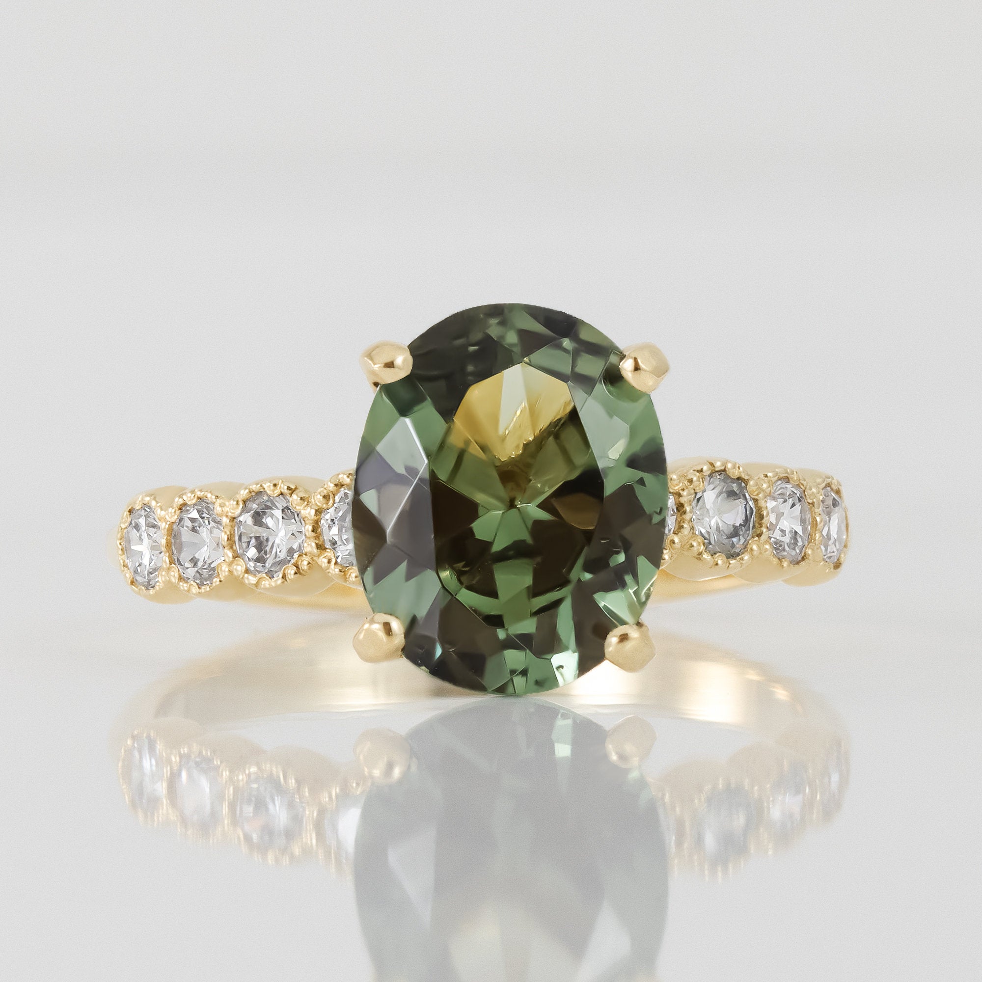 Green Tourmaline Ring - Statement Engagement Ring with Oval Green Tourmaline Gemstone and Clear Quartz Accents - H.L.Jewelry