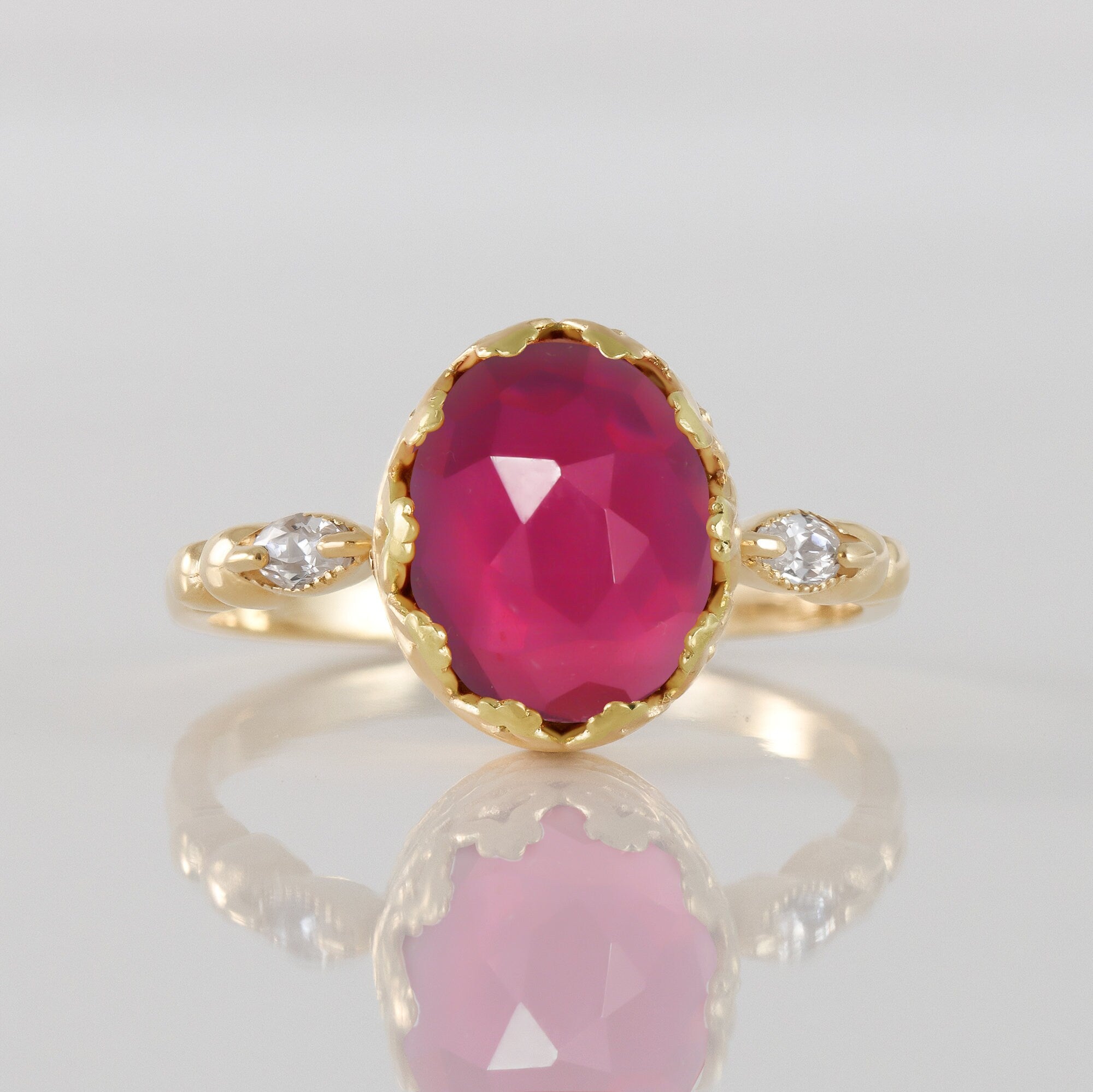 Pink Tourmaline Ring - Oval Pink Tourmaline Gemstone Statement Vintage Crown Ring with Clear Quartz Accents - H.L.Jewelry