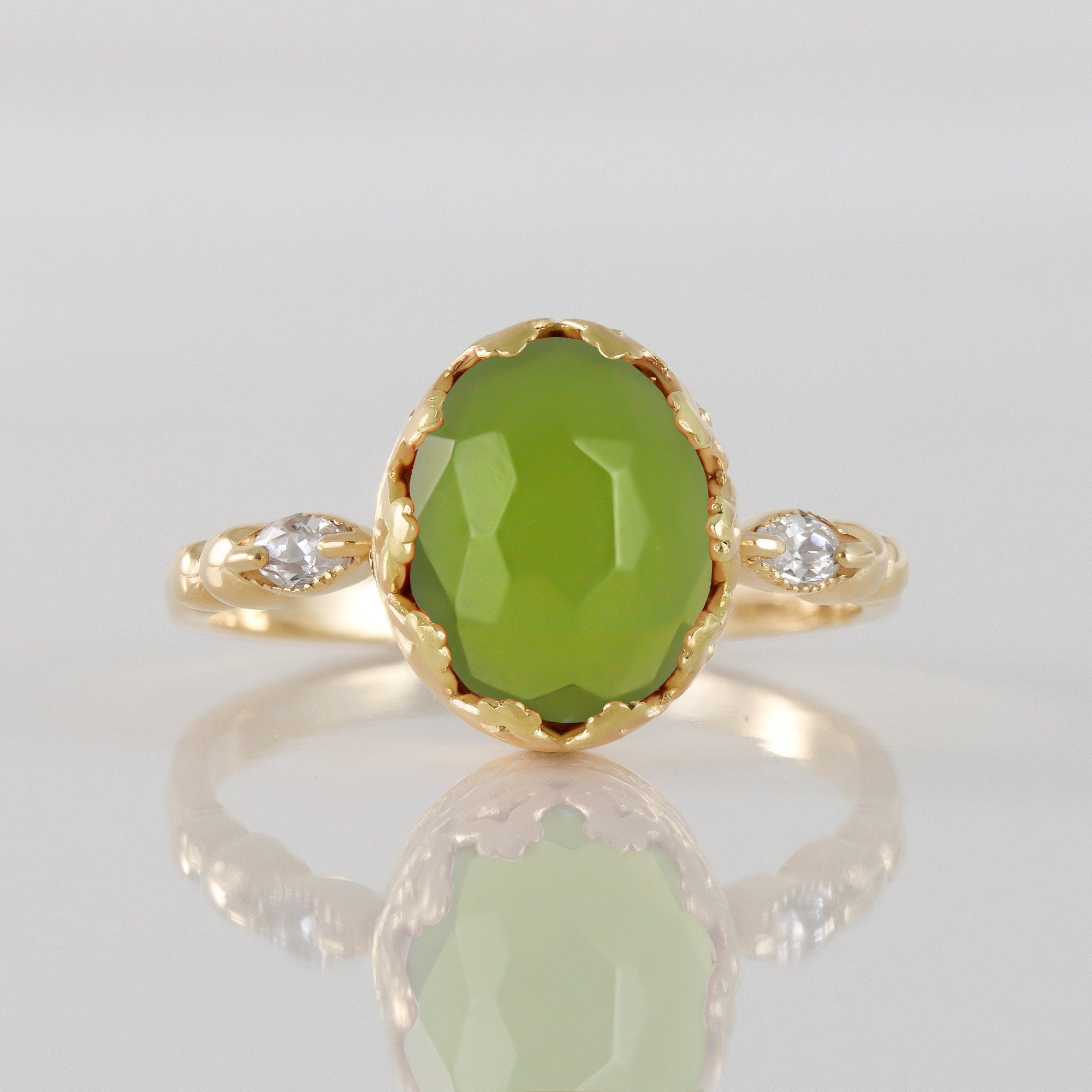 Peridot Ring - August Birthstone - Oval Peridot Gemstone Statement Vintage Crown Ring with Clear Quartz Accents - H.L.Jewelry