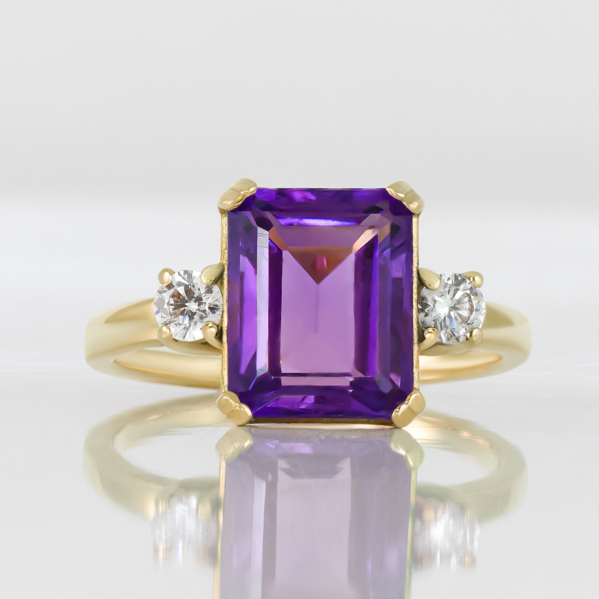 Purple Amethyst Ring - February Birthstone - Emerald-Cut Purple Amethyst Gemstone Statement Engagement Ring with Clear Quartz Accents - H.L.Jewelry