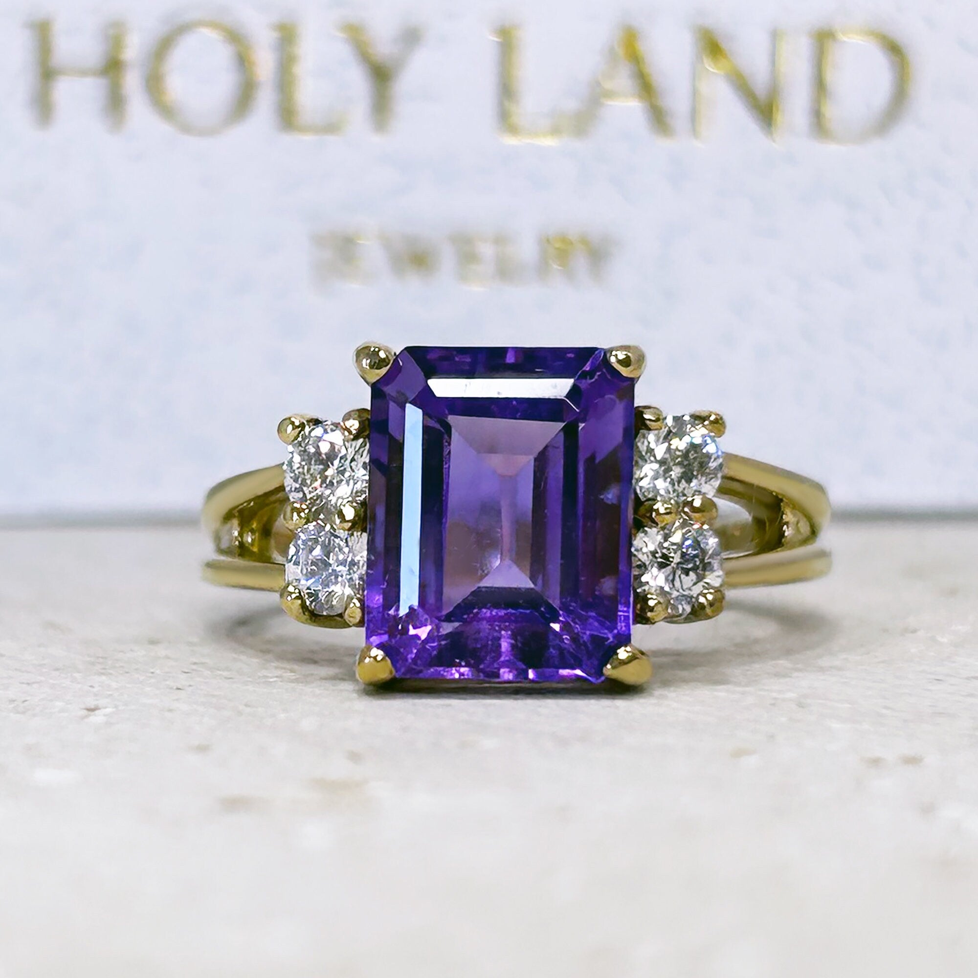 Amethyst Ring - February Birthstone - Engagement Ring with Emerald-Cut Amethyst and Clear Quartz Accents - H.L.Jewelry