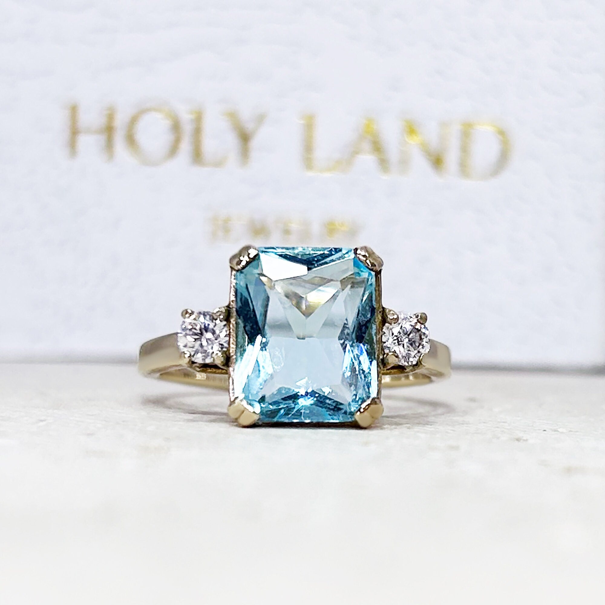 Aquamarine Ring - March Birthstone - Statement Engagement Ring with Octagon Aquamarine Gemstone and Clear Quartz Accents - H.L.Jewelry