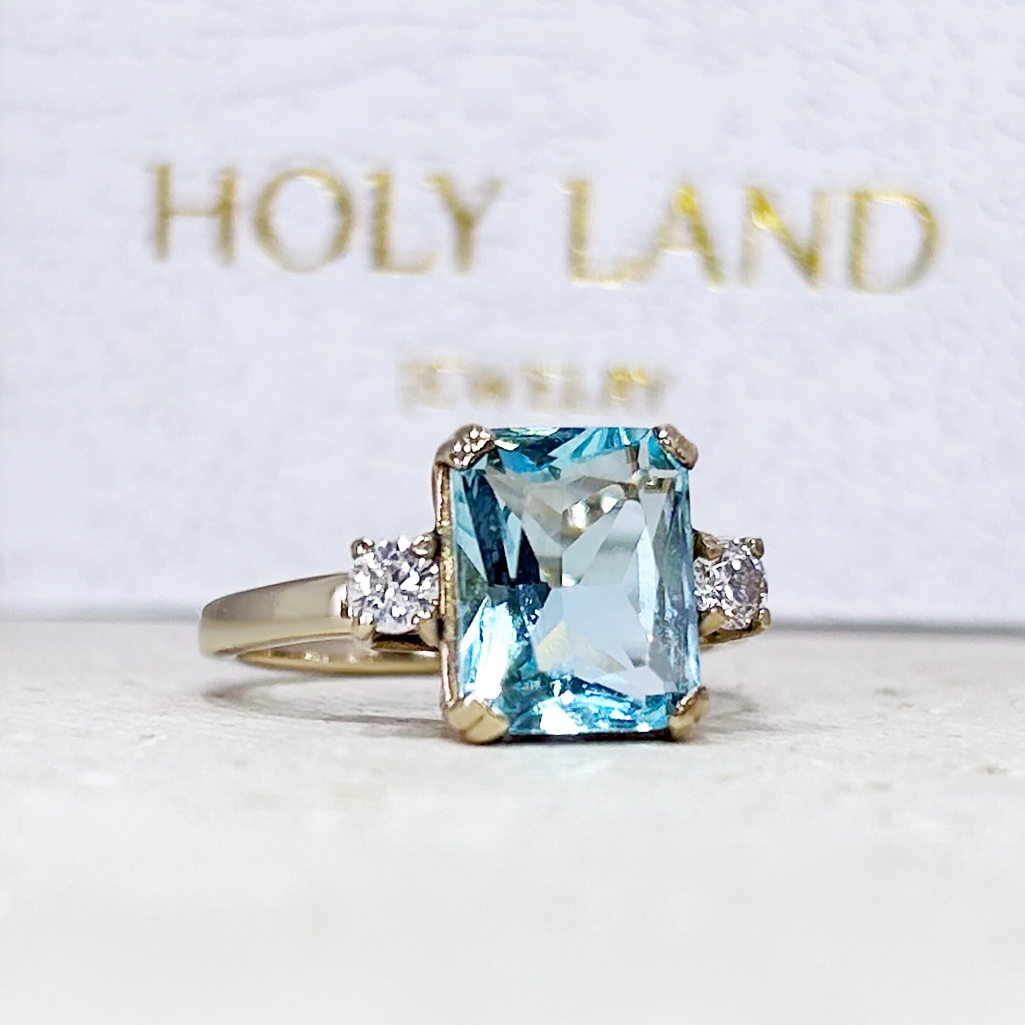 Aquamarine Ring - March Birthstone - Statement Engagement Ring with Octagon Aquamarine Gemstone and Clear Quartz Accents - H.L.Jewelry