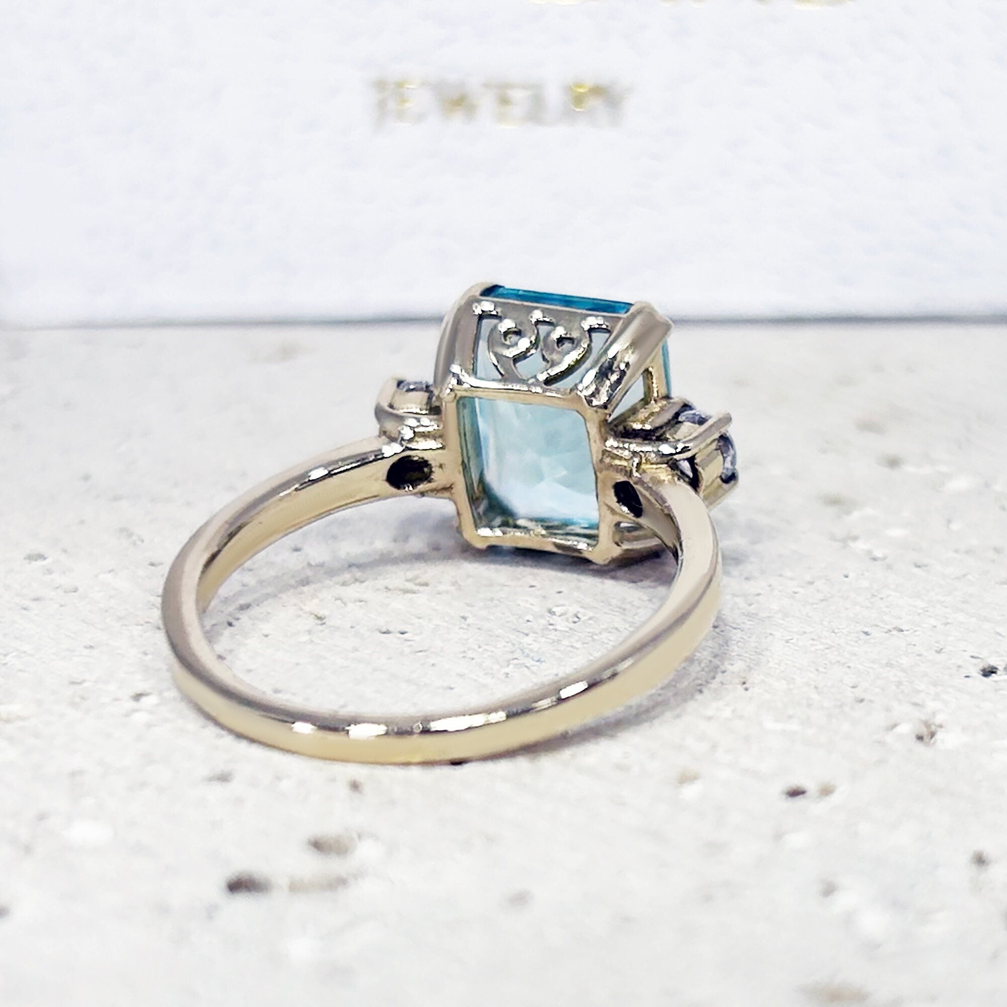 Aquamarine Ring - March Birthstone - Statement Engagement Ring with Octagon Aquamarine Gemstone and Clear Quartz Accents - H.L.Jewelry