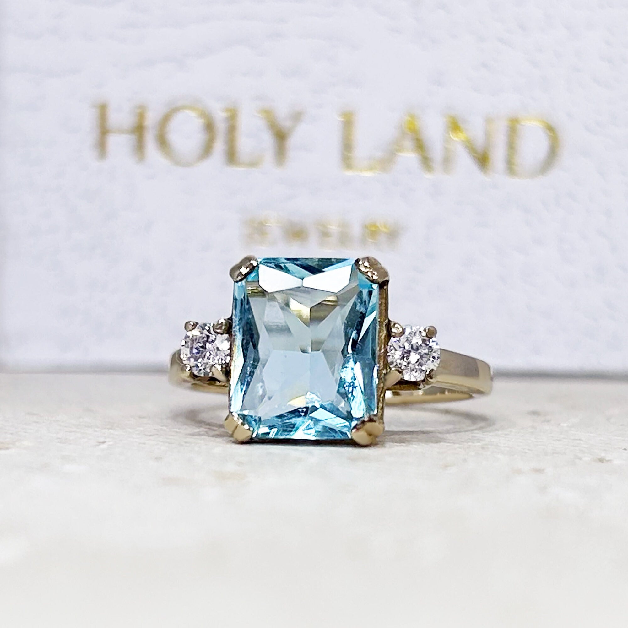 Aquamarine Ring - March Birthstone - Statement Engagement Ring with Octagon Aquamarine Gemstone and Clear Quartz Accents - H.L.Jewelry