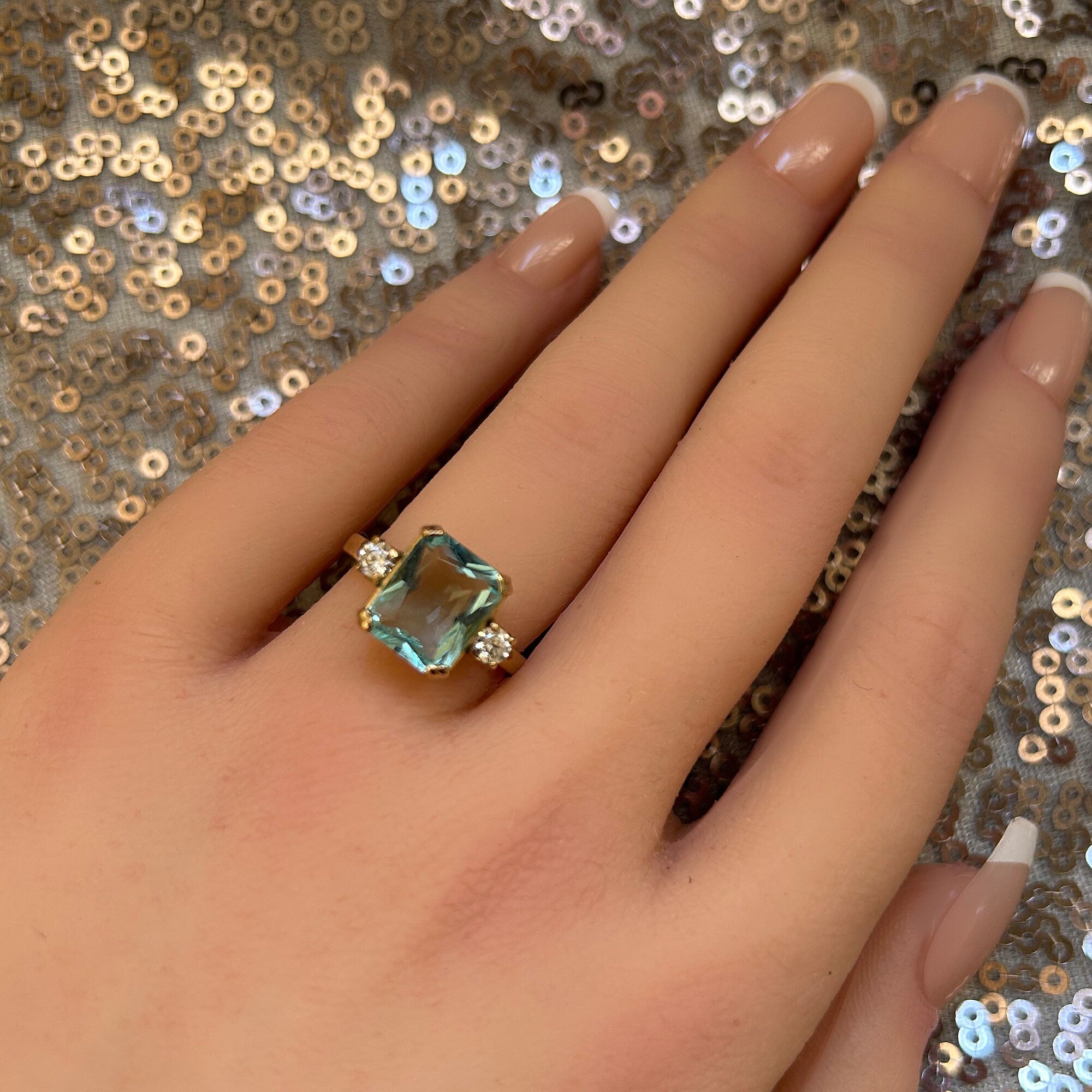 Aquamarine Ring - March Birthstone - Statement Engagement Ring with Octagon Aquamarine Gemstone and Clear Quartz Accents - H.L.Jewelry