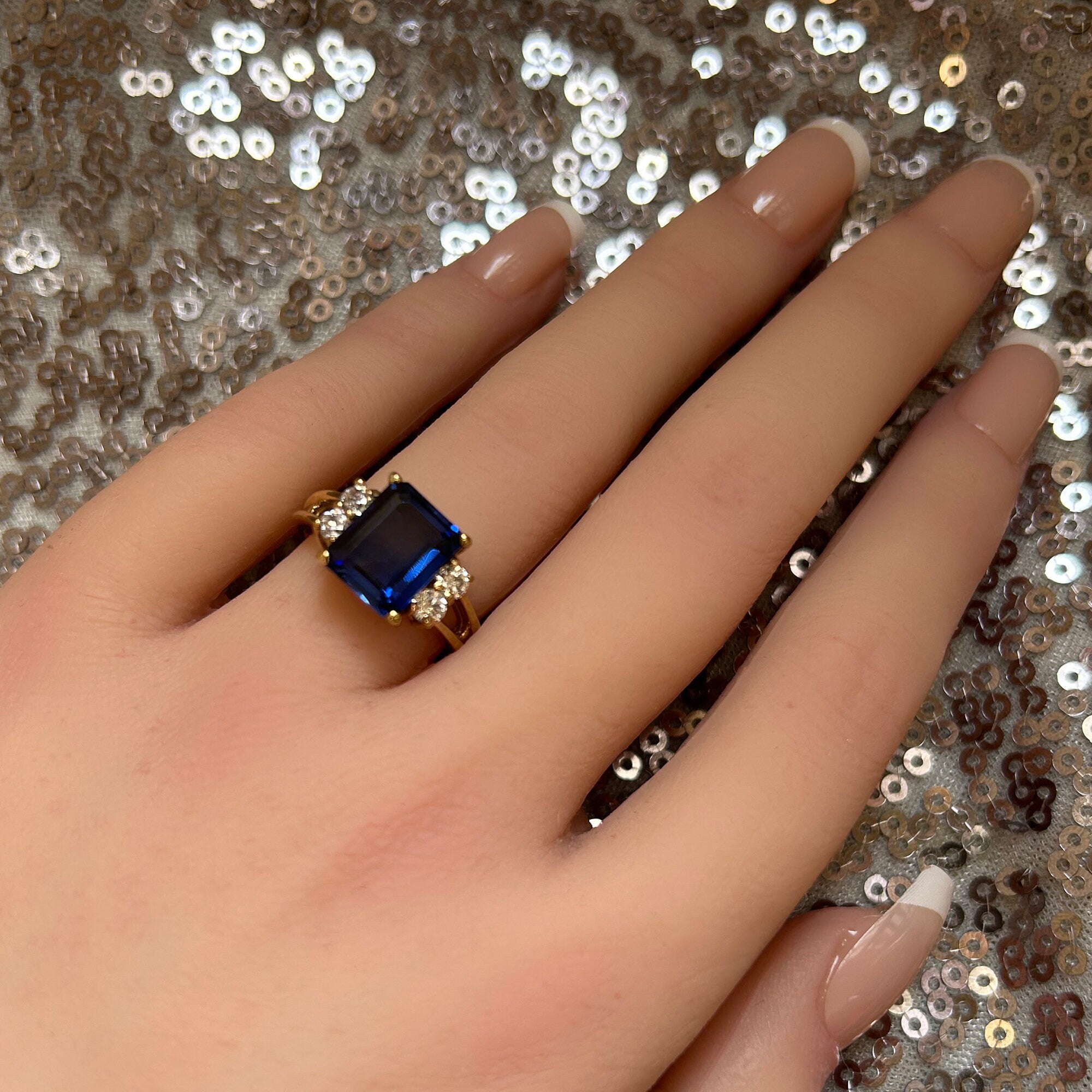 Blue Sapphire Ring - September Birthstone - Statement Engagement Ring with Emerald-Cut Blue Sapphire Gemstone and Clear Quartz Accents - H.L.Jewelry