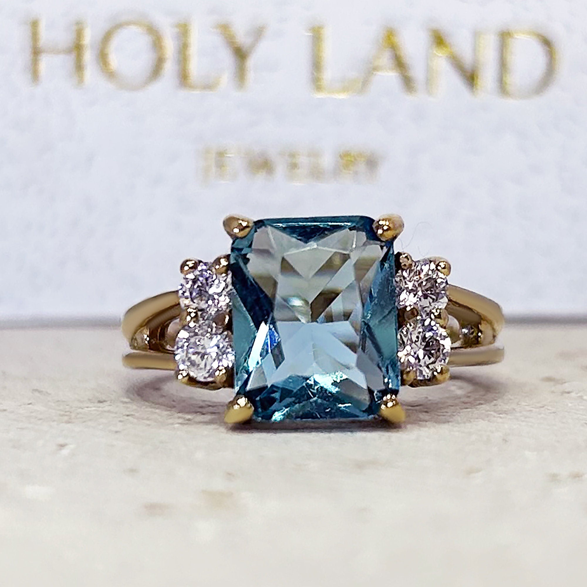 Blue Topaz Ring - December Birthstone - Octagon Blue Topaz Statement Engagement Ring with Clear Quartz Accents - H.L.Jewelry