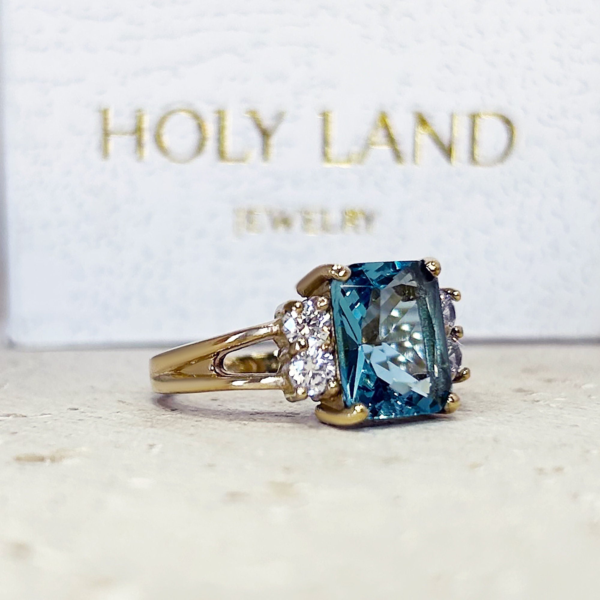 Blue Topaz Ring - December Birthstone - Octagon Blue Topaz Statement Engagement Ring with Clear Quartz Accents - H.L.Jewelry