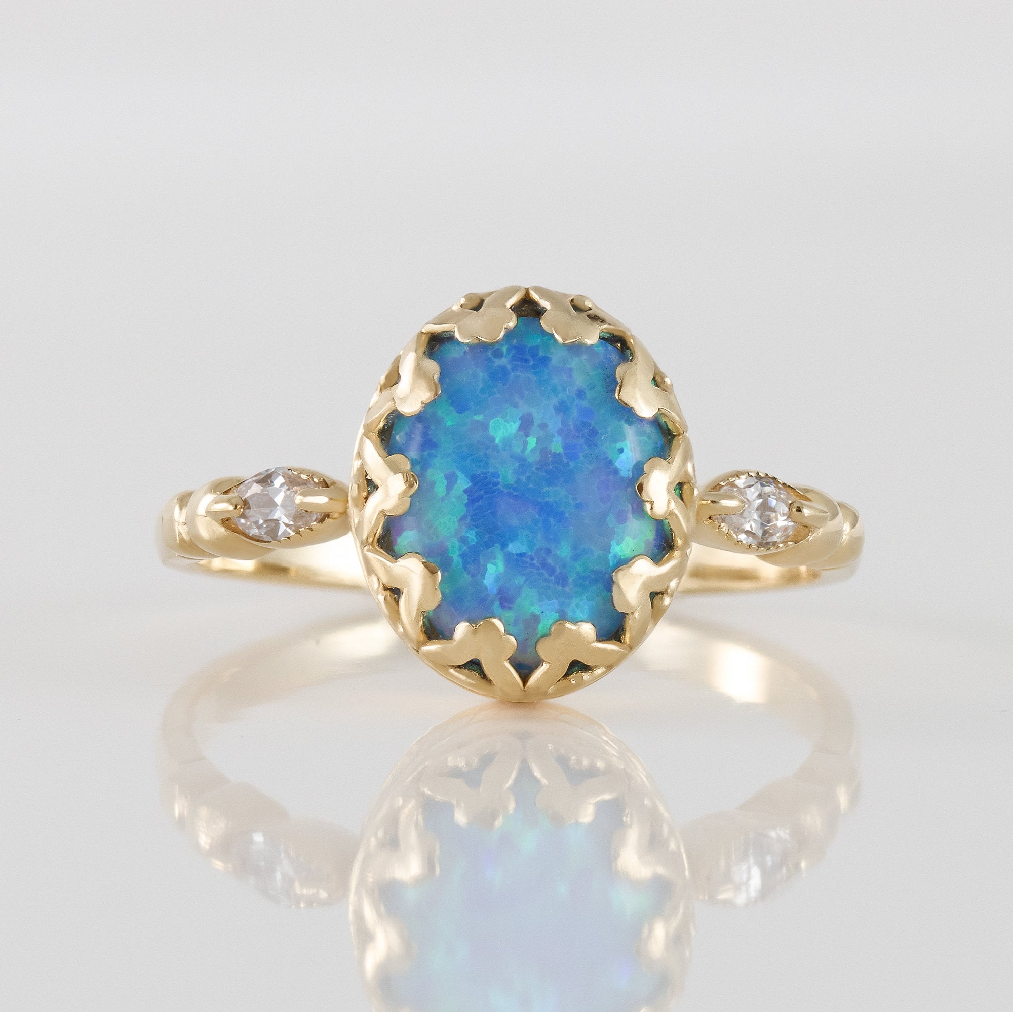 Blue Opal Ring - October Birthstone - Blue Opal Gemstone Oval Vintage Crown Statement Ring with Clear Quartz Accents - H.L.Jewelry