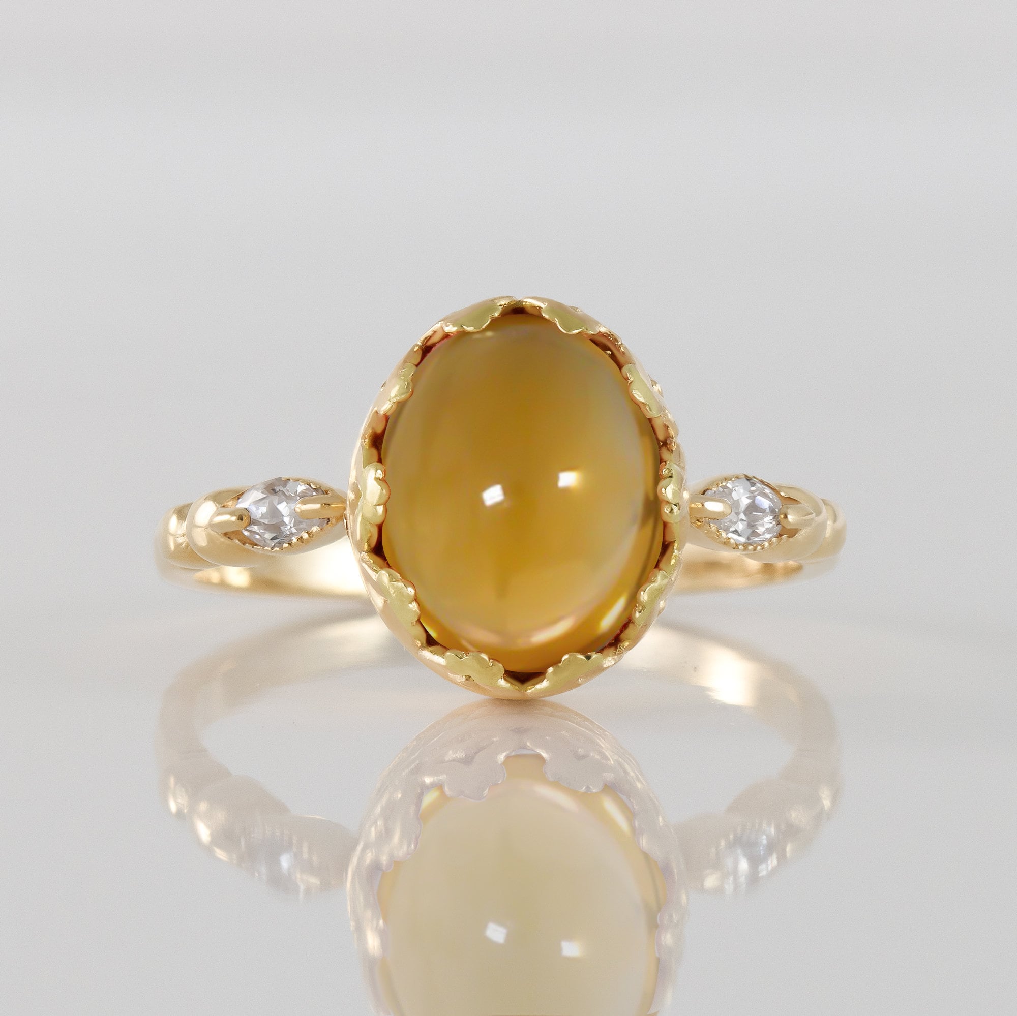 Citrine Ring - November Birthstone - Oval Citrine Gemstone Statement Ring with Clear Quartz Accents - H.L.Jewelry