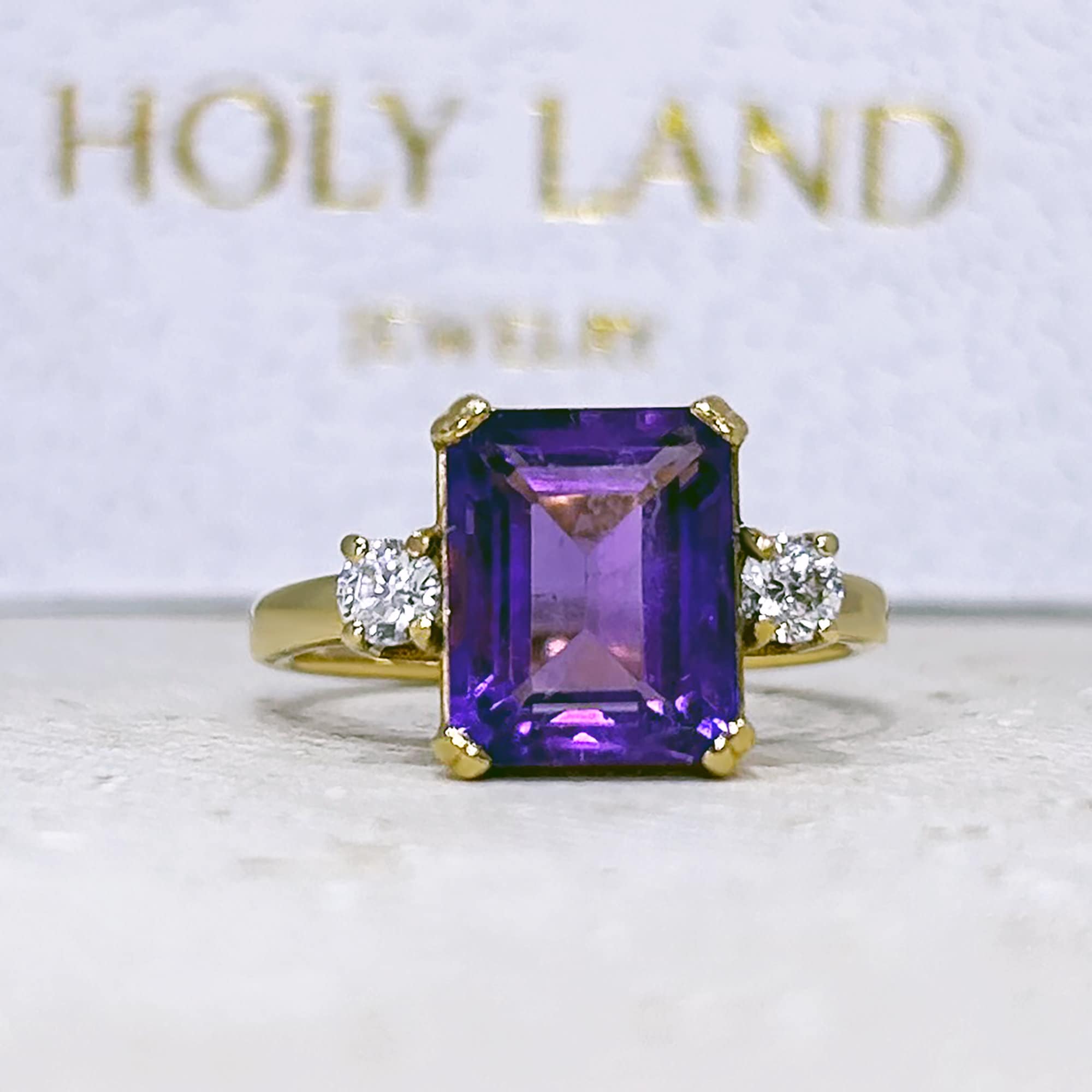 Purple Amethyst Ring - February Birthstone - Emerald-Cut Purple Amethyst Gemstone Statement Engagement Ring with Clear Quartz Accents - H.L.Jewelry