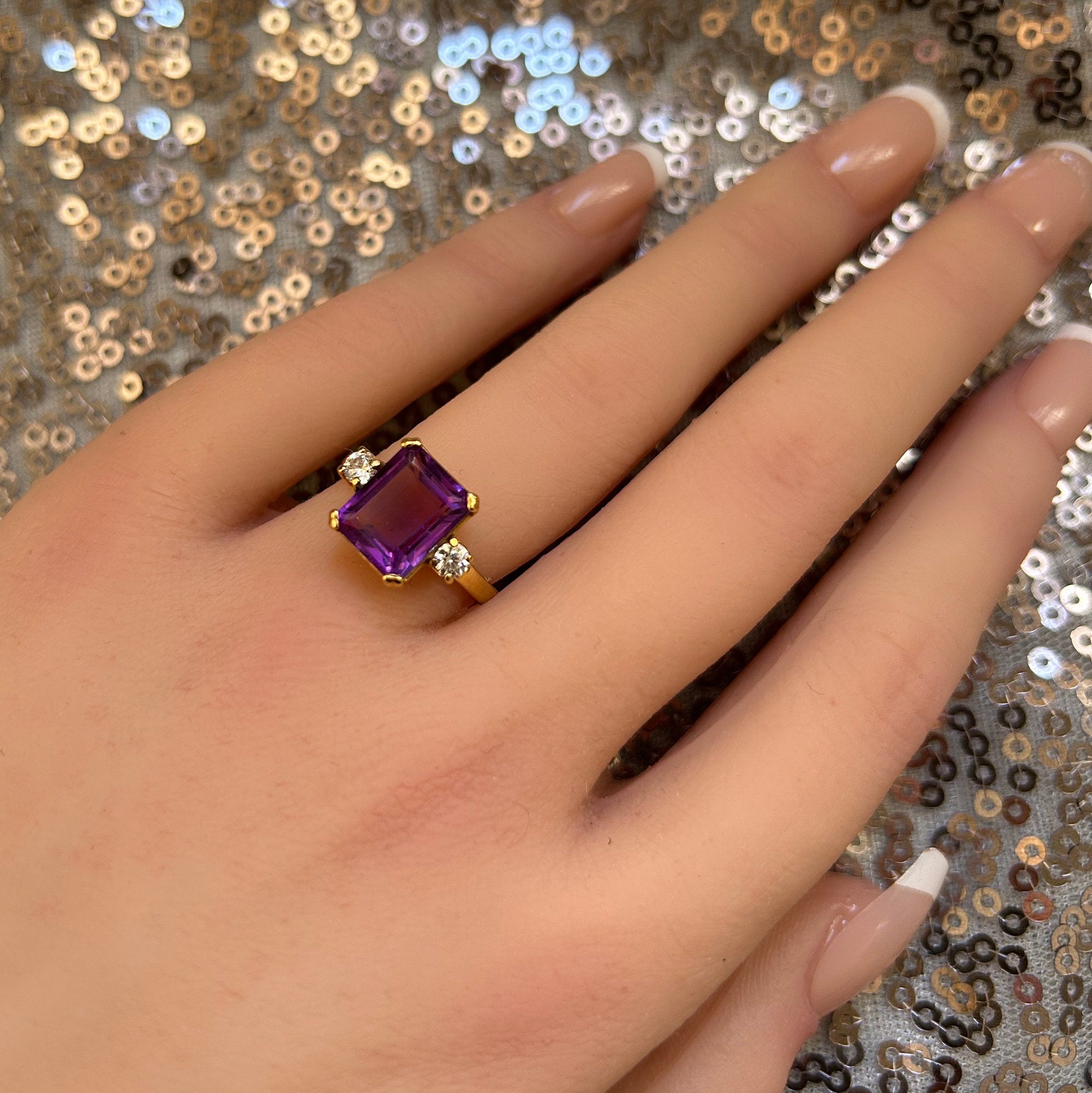 Purple Amethyst Ring - February Birthstone - Emerald-Cut Purple Amethyst Gemstone Statement Engagement Ring with Clear Quartz Accents - H.L.Jewelry