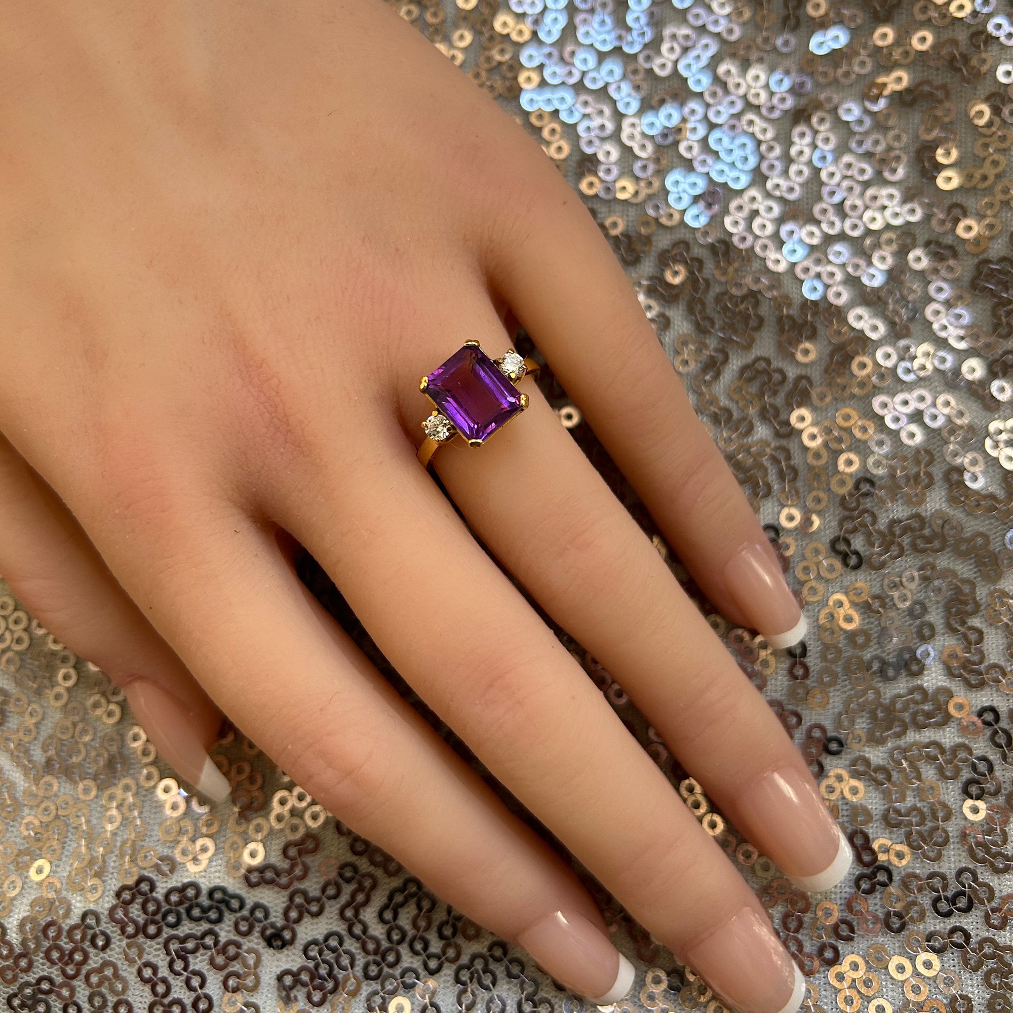 Purple Amethyst Ring - February Birthstone - Emerald-Cut Purple Amethyst Gemstone Statement Engagement Ring with Clear Quartz Accents - H.L.Jewelry