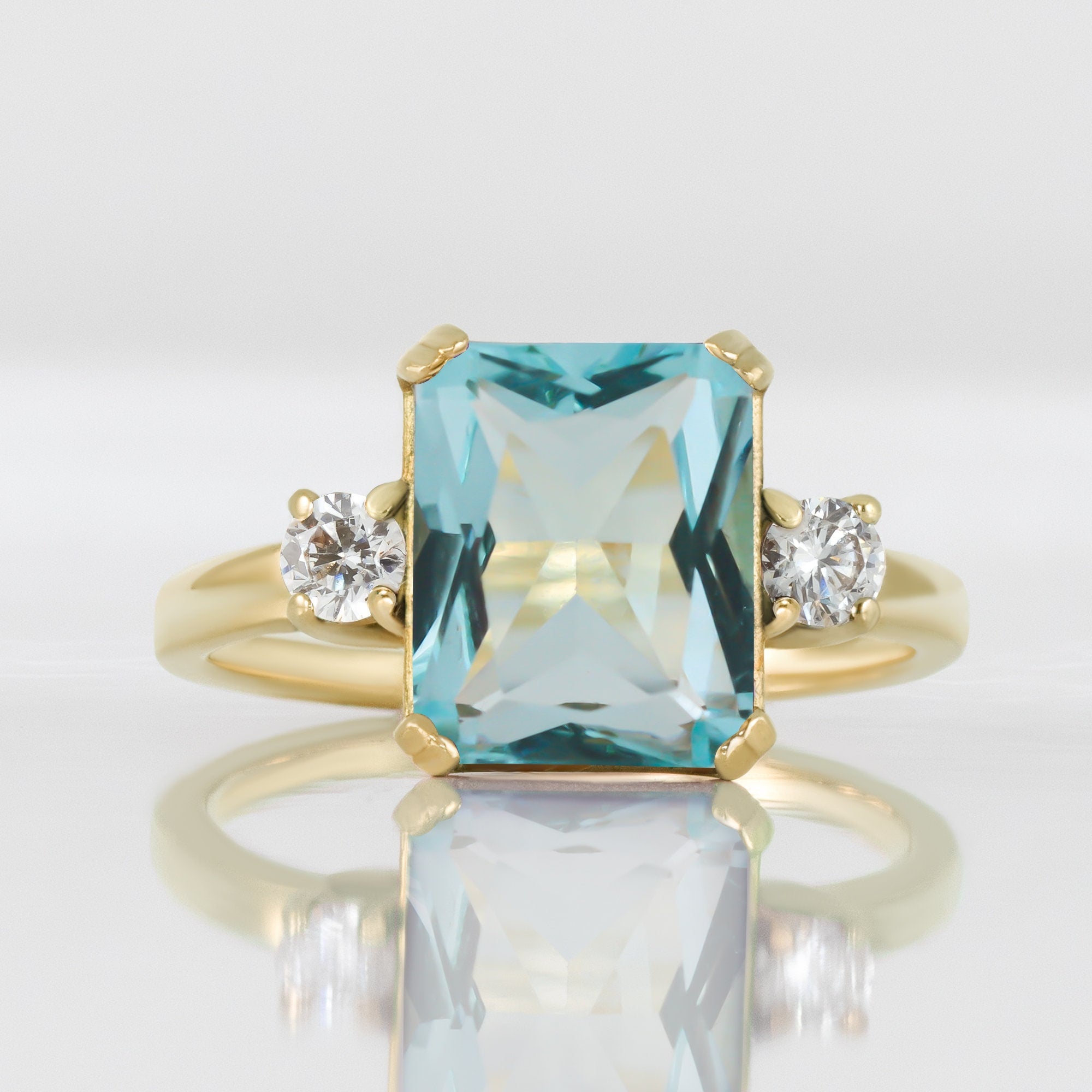 Aquamarine Ring - March Birthstone - Statement Engagement Ring with Octagon Aquamarine Gemstone and Clear Quartz Accents - H.L.Jewelry