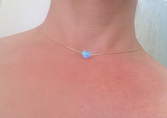 Blue Opal Heart Necklace - Sideway Heart - Delicate Chain Heart Blue Opal Necklace - H.L.Jewelry