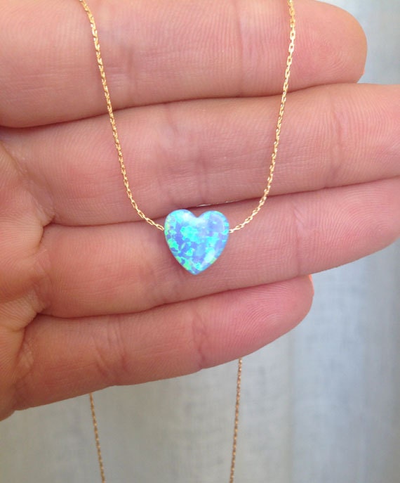 Blue Opal Heart Necklace - Sideway Heart - Delicate Chain Heart Blue Opal Necklace - H.L.Jewelry