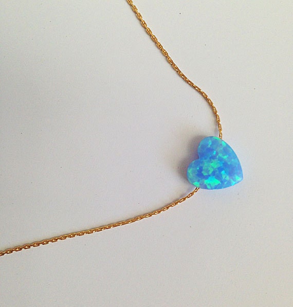 Blue Opal Heart Necklace - Sideway Heart - Delicate Chain Heart Blue Opal Necklace - H.L.Jewelry