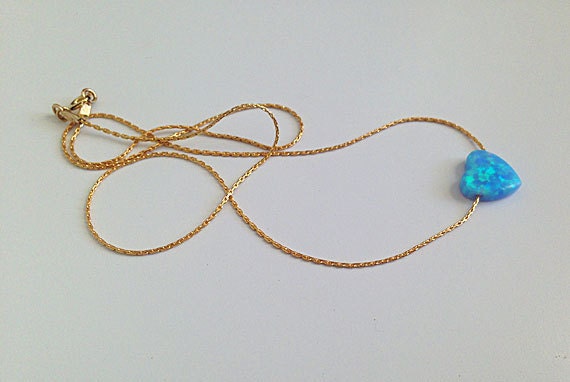 Blue Opal Heart Necklace - Sideway Heart - Delicate Chain Heart Blue Opal Necklace - H.L.Jewelry