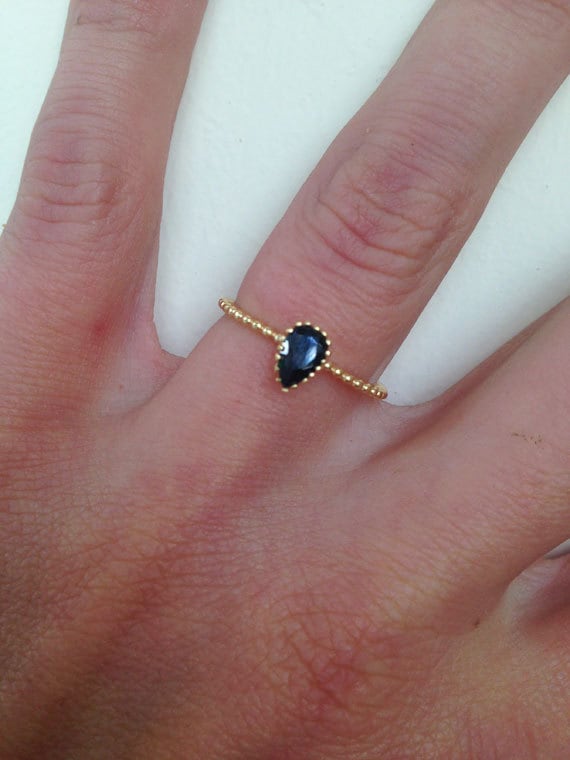 Black Onyx Ring - December Birthstone - Delicate Ring with Pear-Shaped Black Onyx Stone - H.L.Jewelry