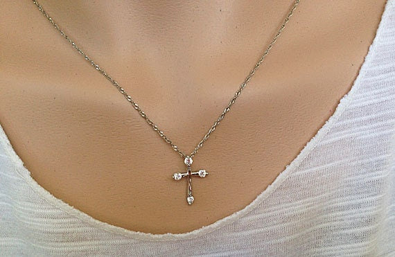 Cross Necklace - Delicate Chain Cross Necklace with Four Clear Quartz Stones - H.L.Jewelry