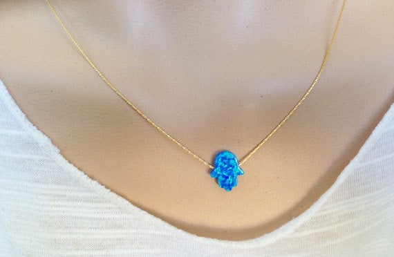 Opal Hamsa Necklace - Hamsa Necklace - Simple Delicate Chain Opal Hamsa Necklace - H.L.Jewelry