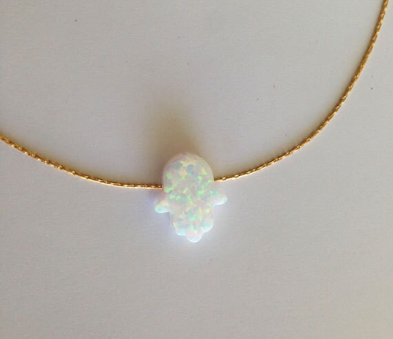 Opal Hamsa Necklace - Hamsa Necklace - Simple Delicate Chain Opal Hamsa Necklace - H.L.Jewelry