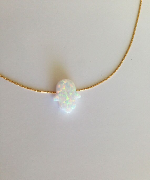 Opal Hamsa Necklace - Hamsa Necklace - Simple Delicate Chain Opal Hamsa Necklace - H.L.Jewelry