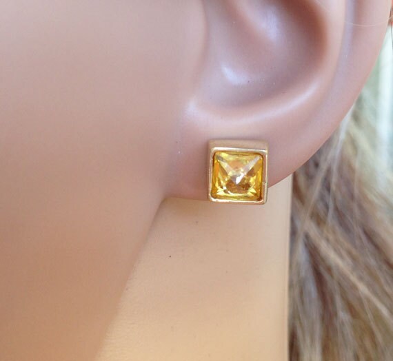 Citrine Earrings - November Birthstone Jewelry - Simple Square Stud Earrings with Citrine Gemstones - H.L.Jewelry