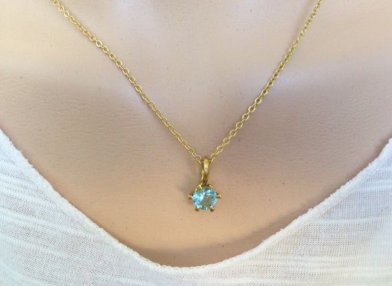 Blue Topaz Necklace - December Birthstone - Delicate Chain Necklace with Round Blue Topaz Gemstone - H.L.Jewelry