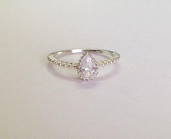 Clear Quartz Ring - April Birthstone - Delicate Simple Ring with Pear-Shaped Clear Quartz Stone - H.L.Jewelry